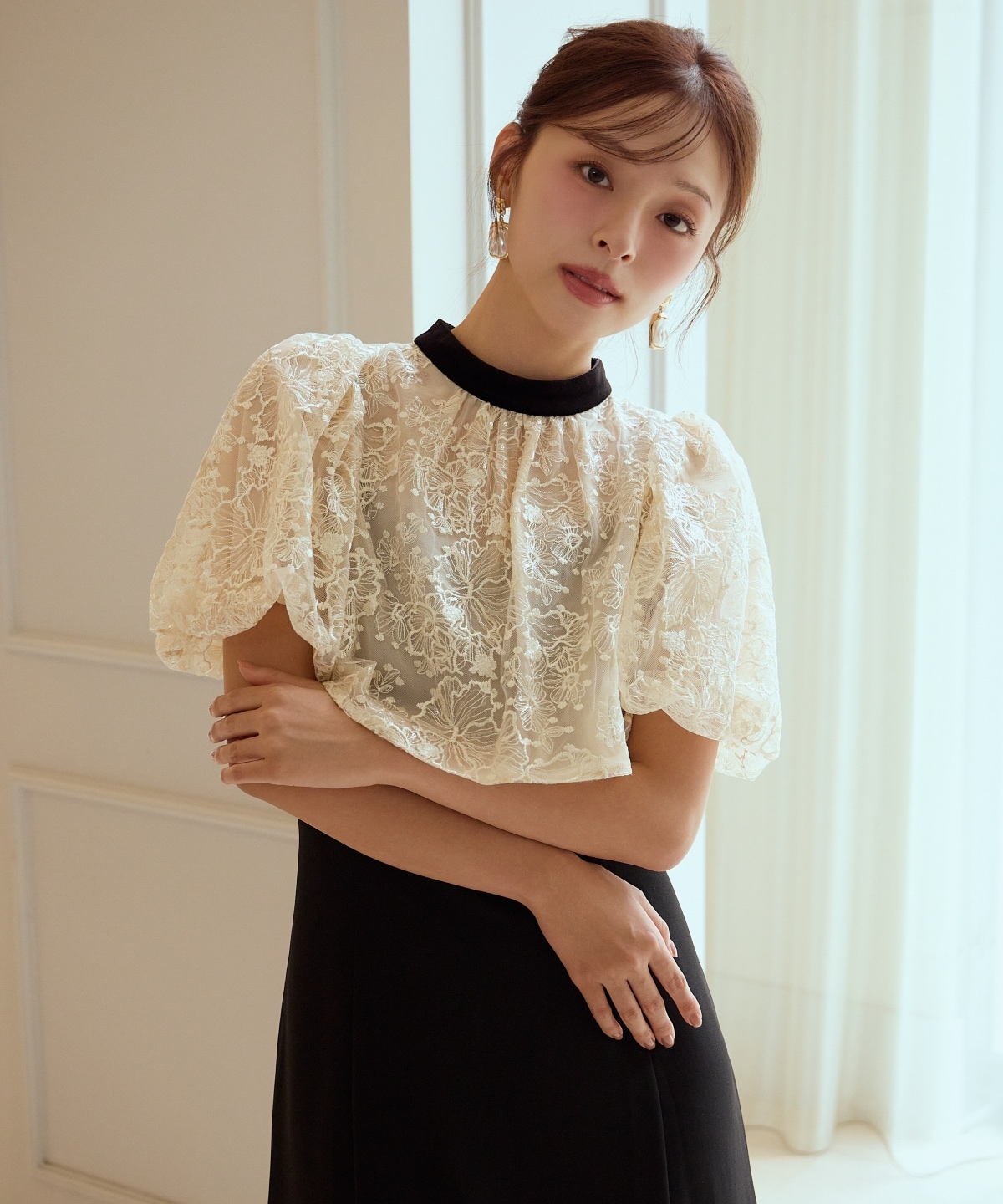 ベロアトリミングブラウス×ドレス