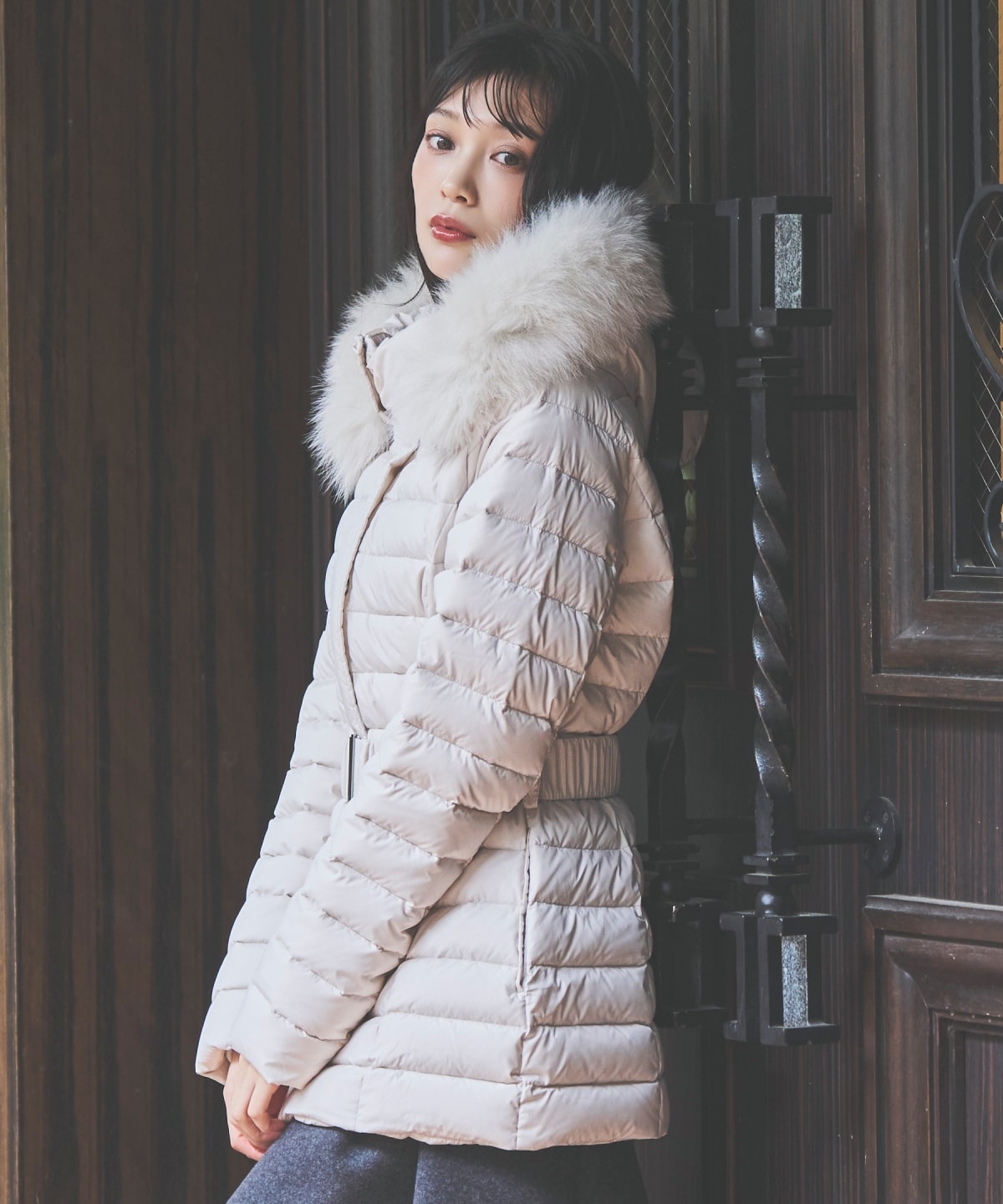 ベルト付きFOXファーミドル丈ダウン