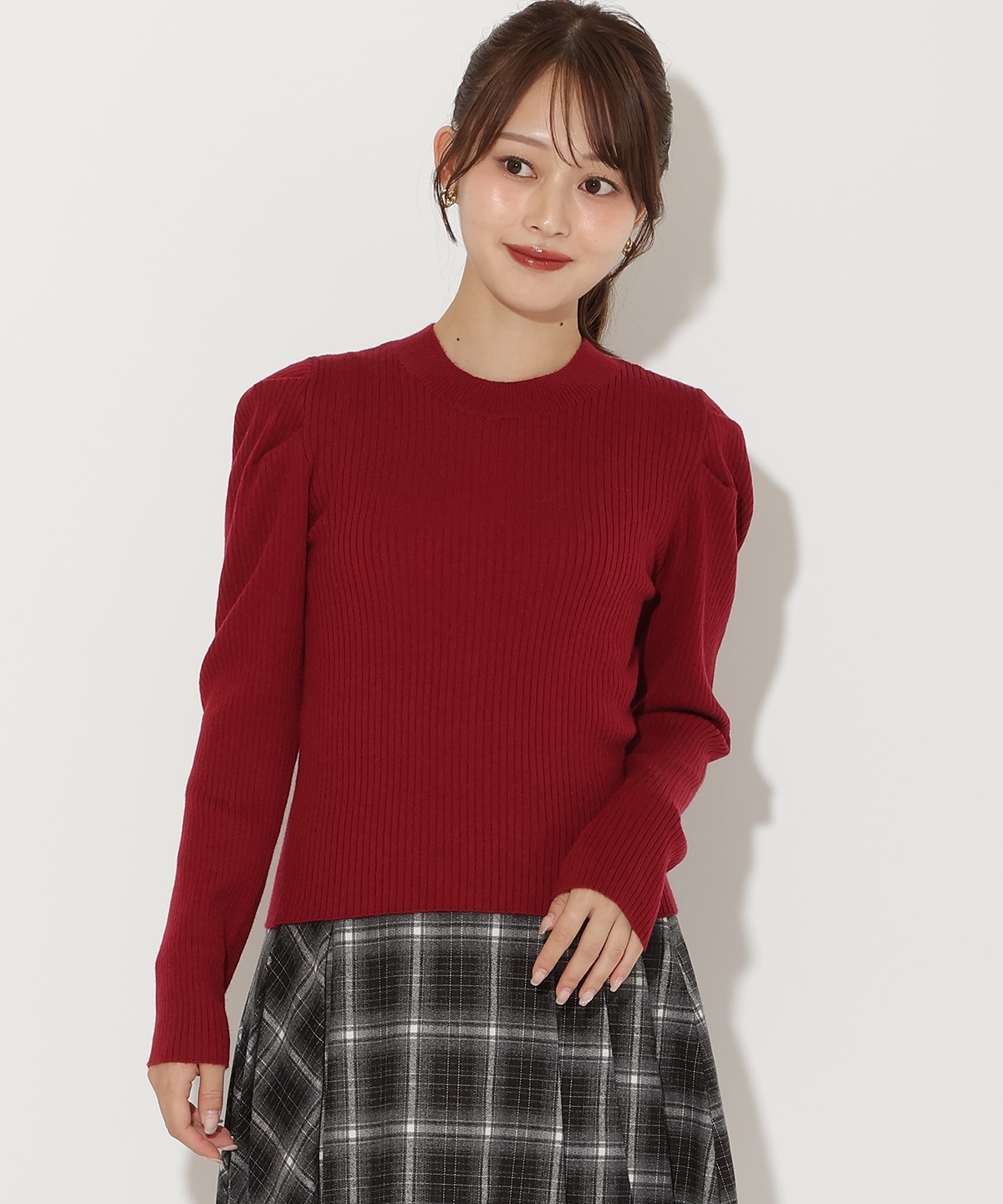 肩ギャザーハイネックリブニット