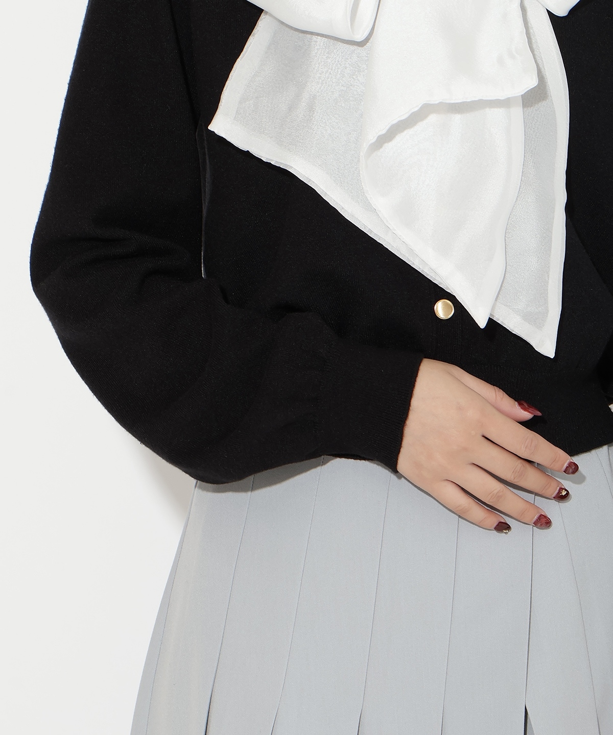 異素材リボンニットカーディガン