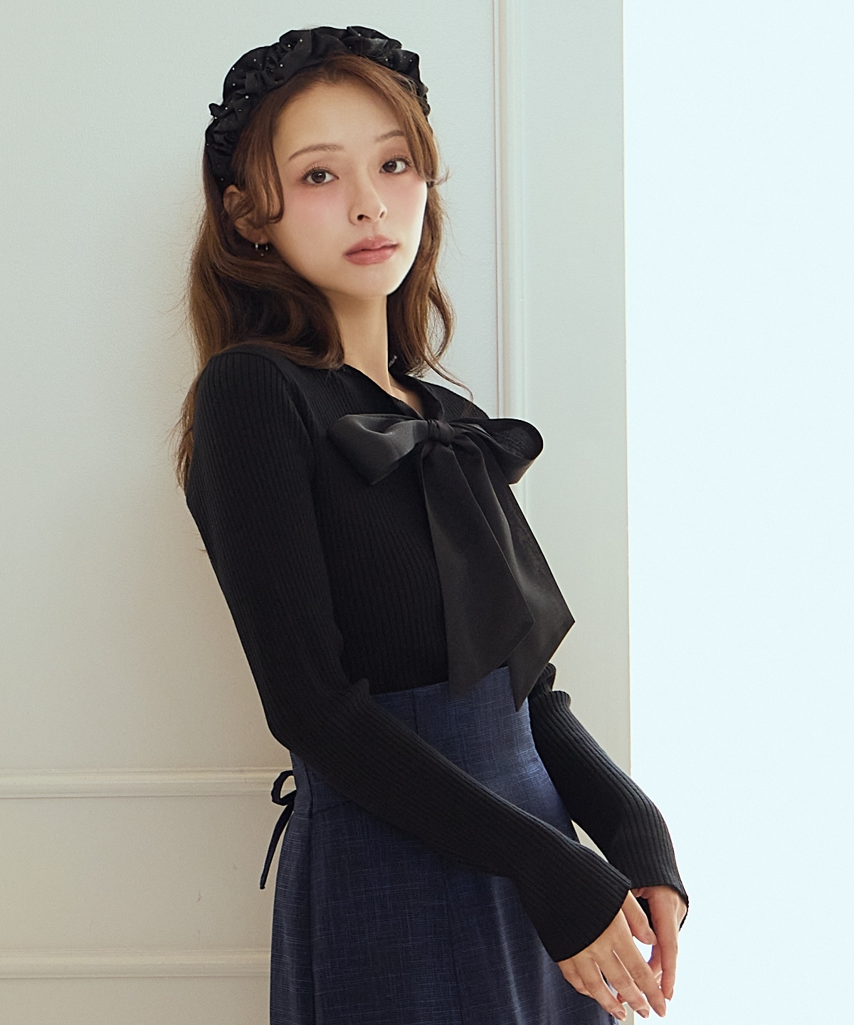 リボンボウタイ付きリブプルオーバー