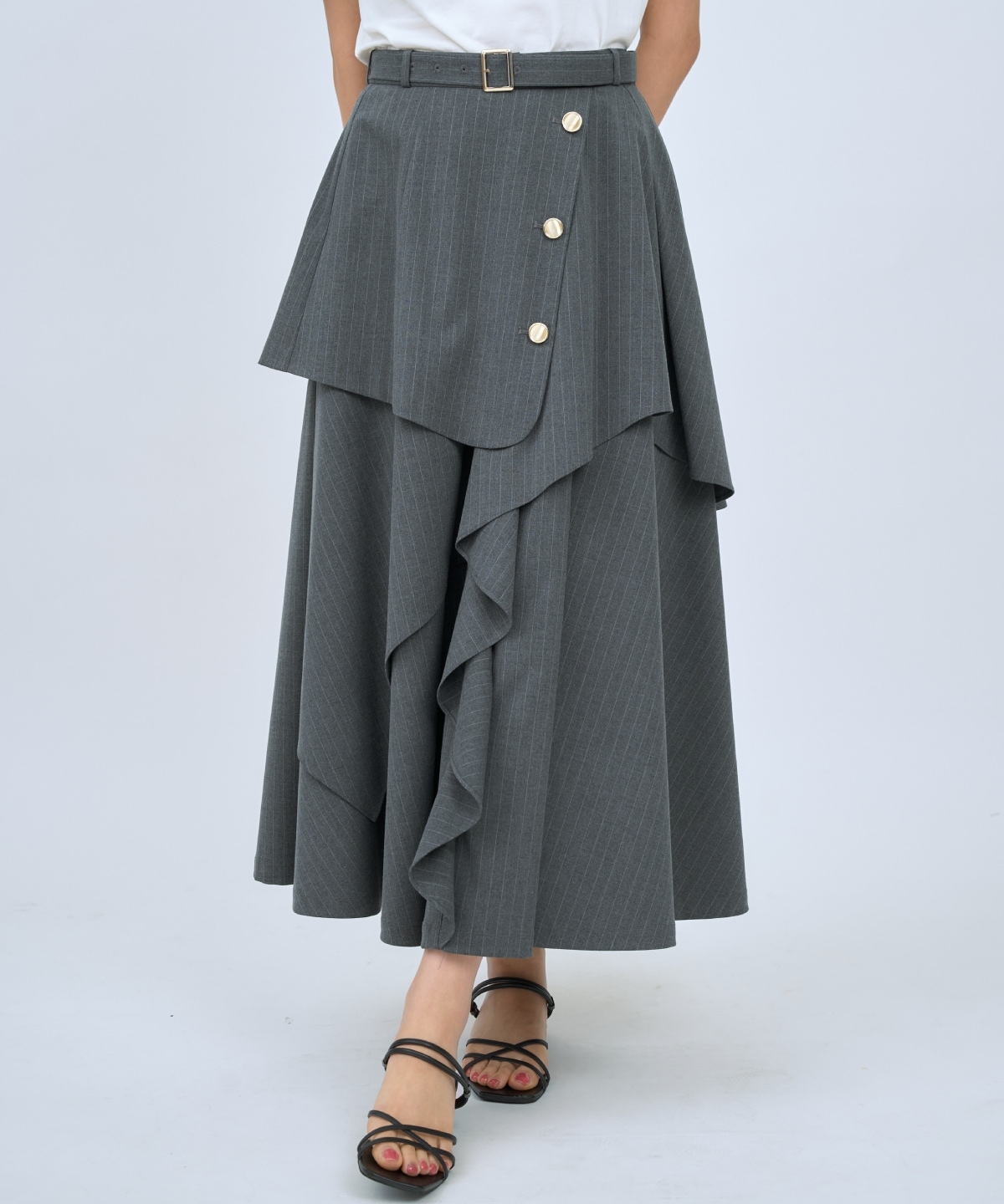 ベルト付きレイヤードデザインフレアスカート