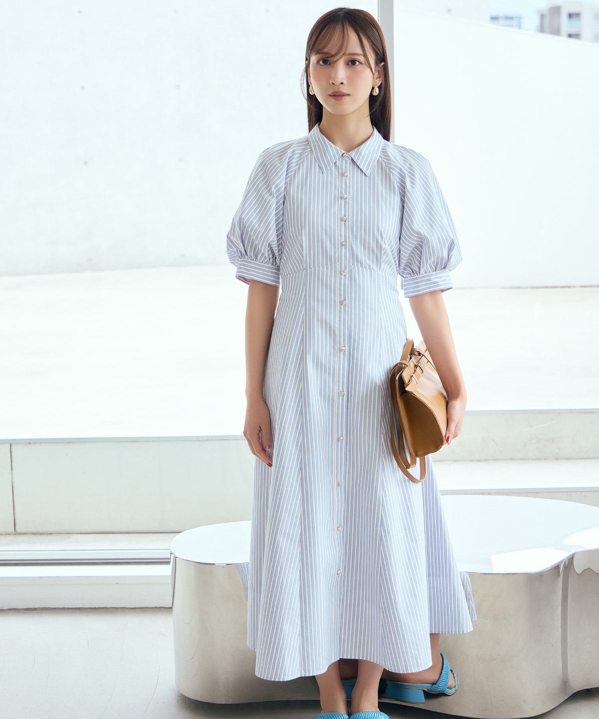 【先行予約受付中】ボリュームスリーブストライプワンピース