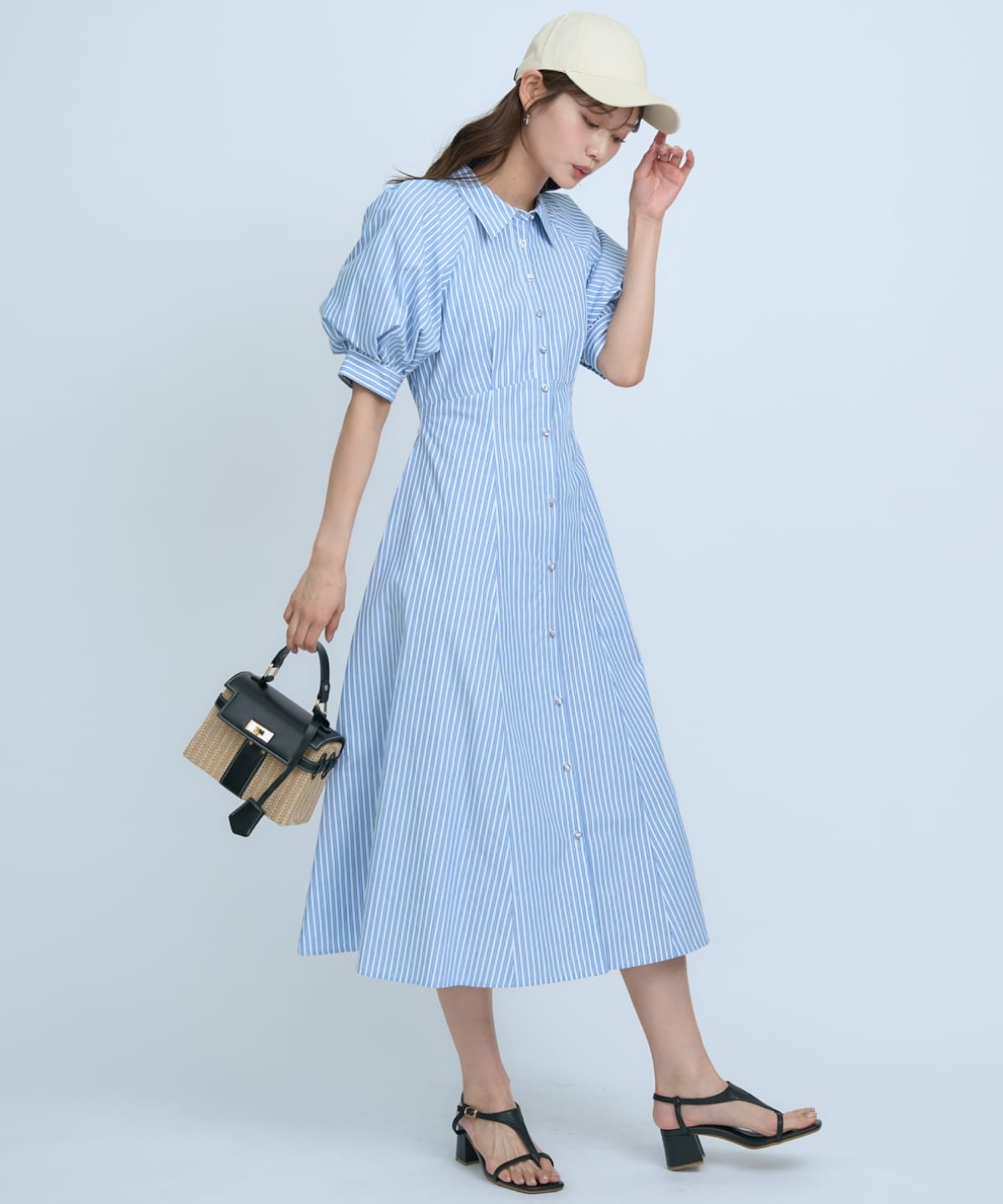 【先行予約受付中】ボリュームスリーブストライプワンピース