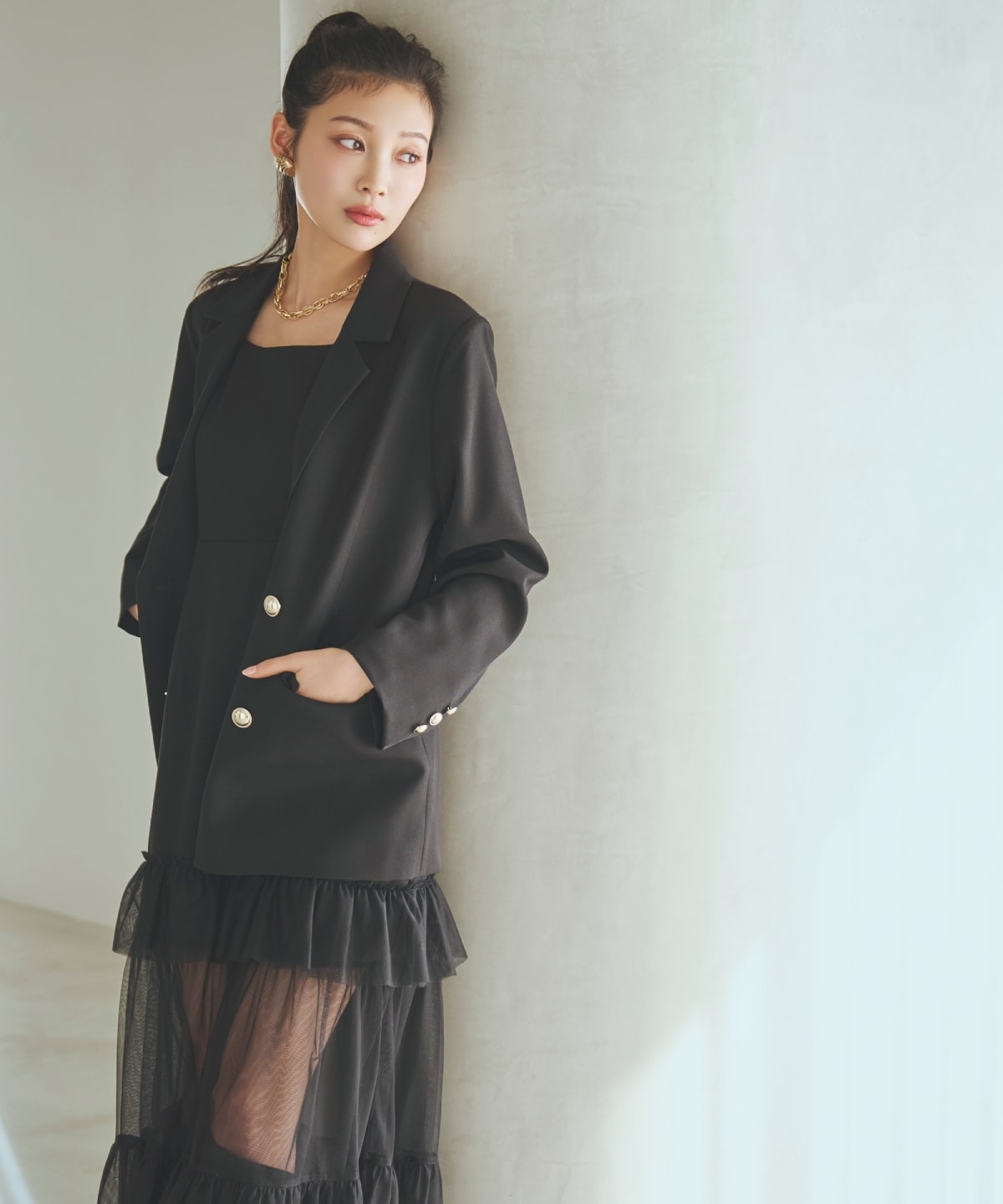 【先行予約受付中】ジャケット×シアーティアードワンピース