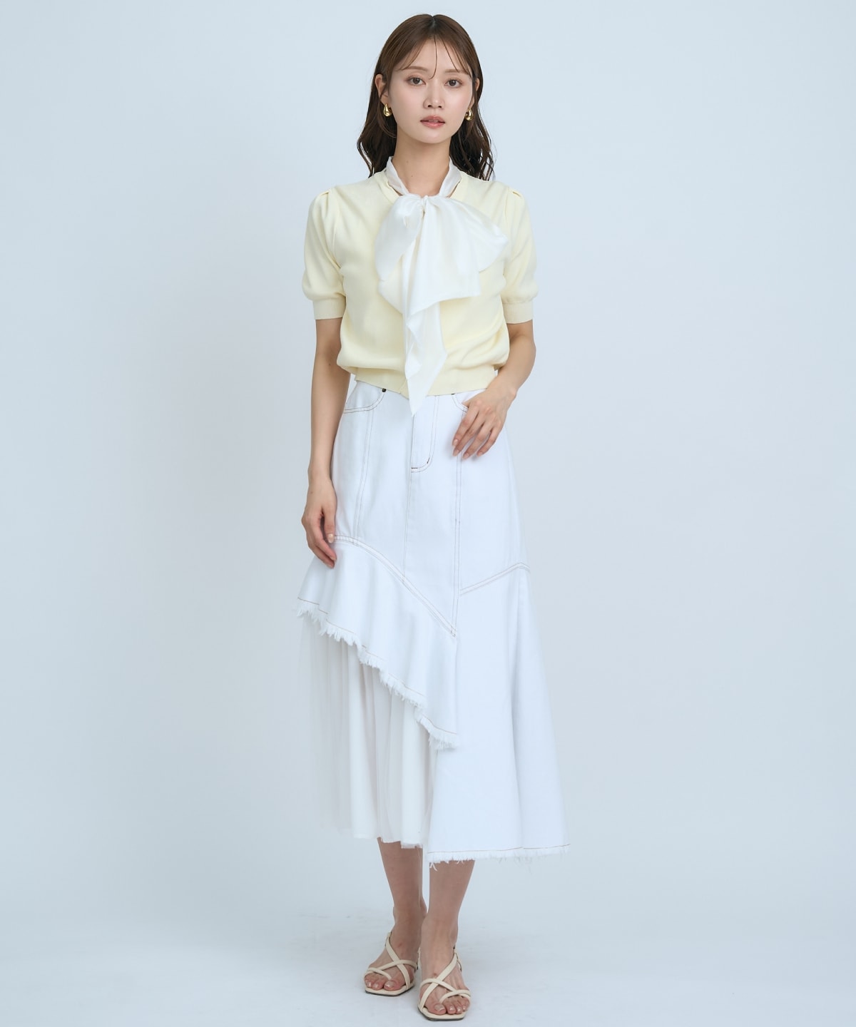 【先行予約受付中】異素材リボン半袖ニットカーディガン