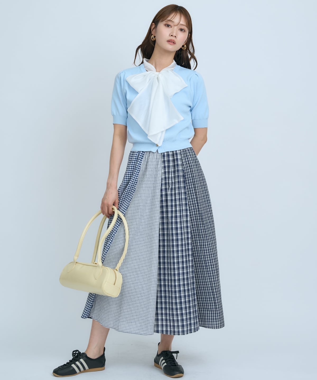 【先行予約受付中】異素材リボン半袖ニットカーディガン