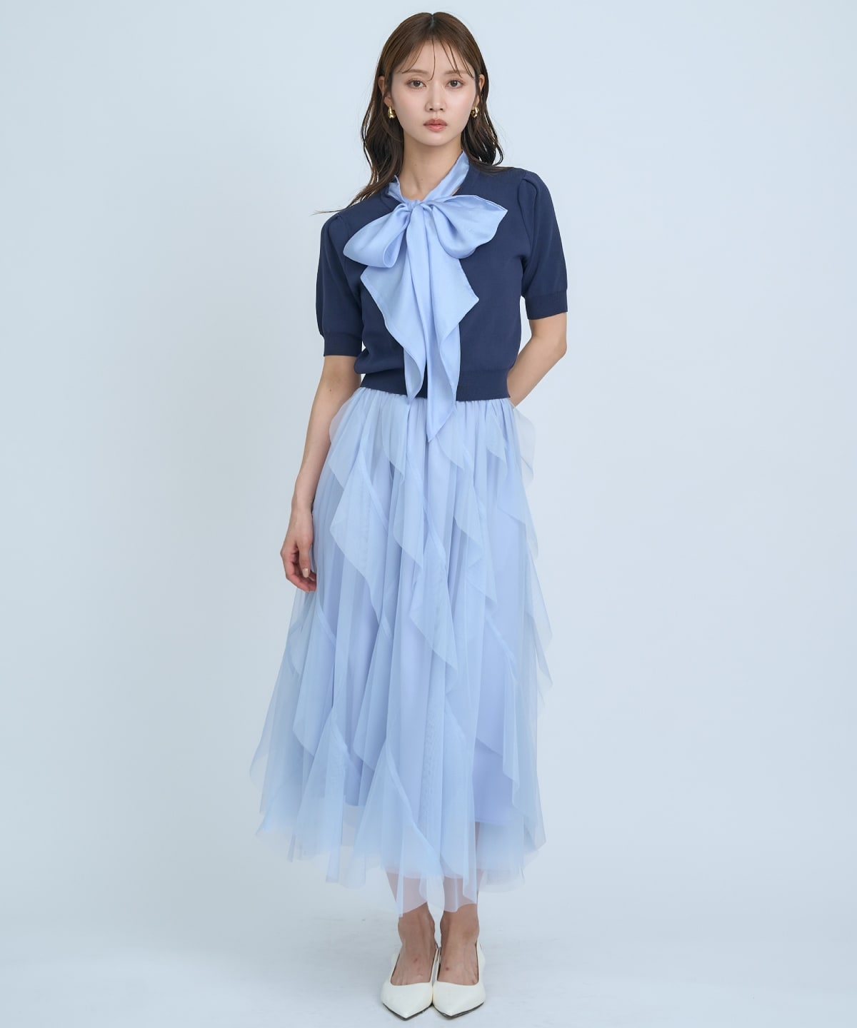 【先行予約受付中】異素材リボン半袖ニットカーディガン