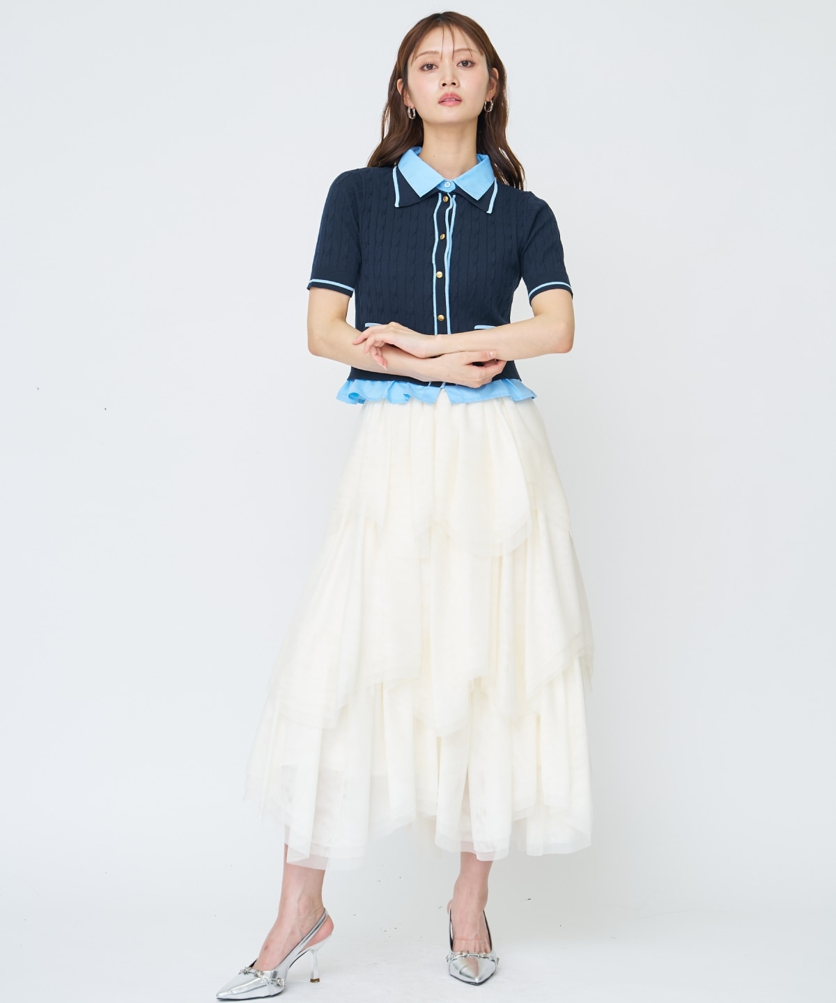 【先行予約受付中】配色シャツ襟ペプラムニットプルオーバー