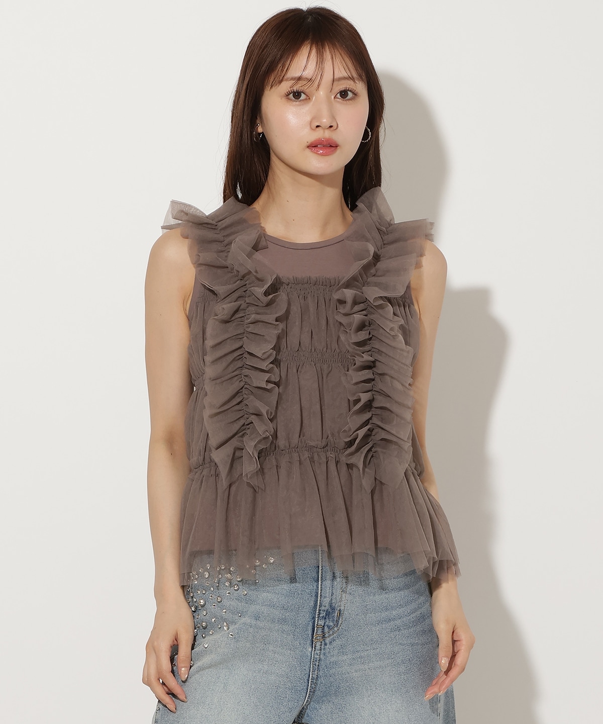 チュールレイヤードノースリーブＴシャツ