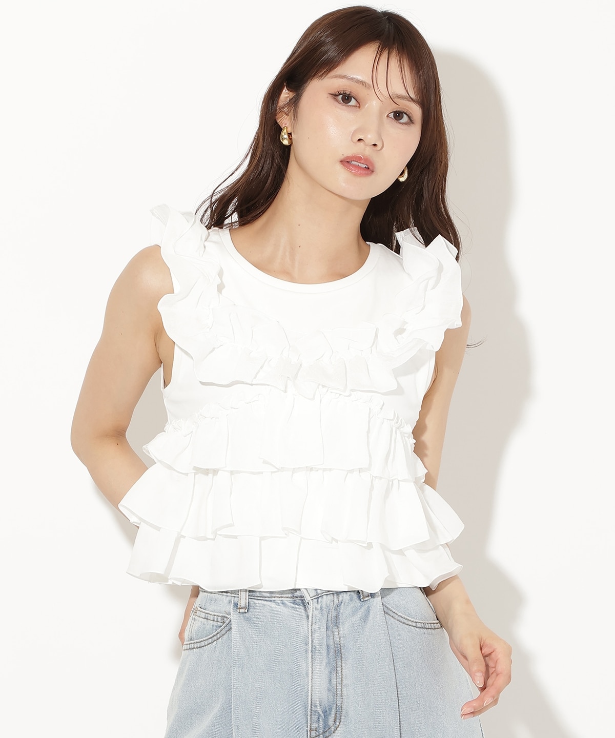 ティアードフリルコンビノースリーブTシャツ