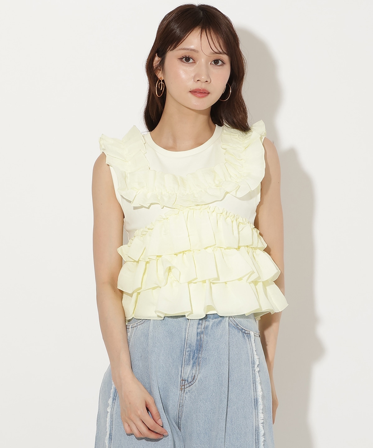 ティアードフリルコンビノースリーブTシャツ