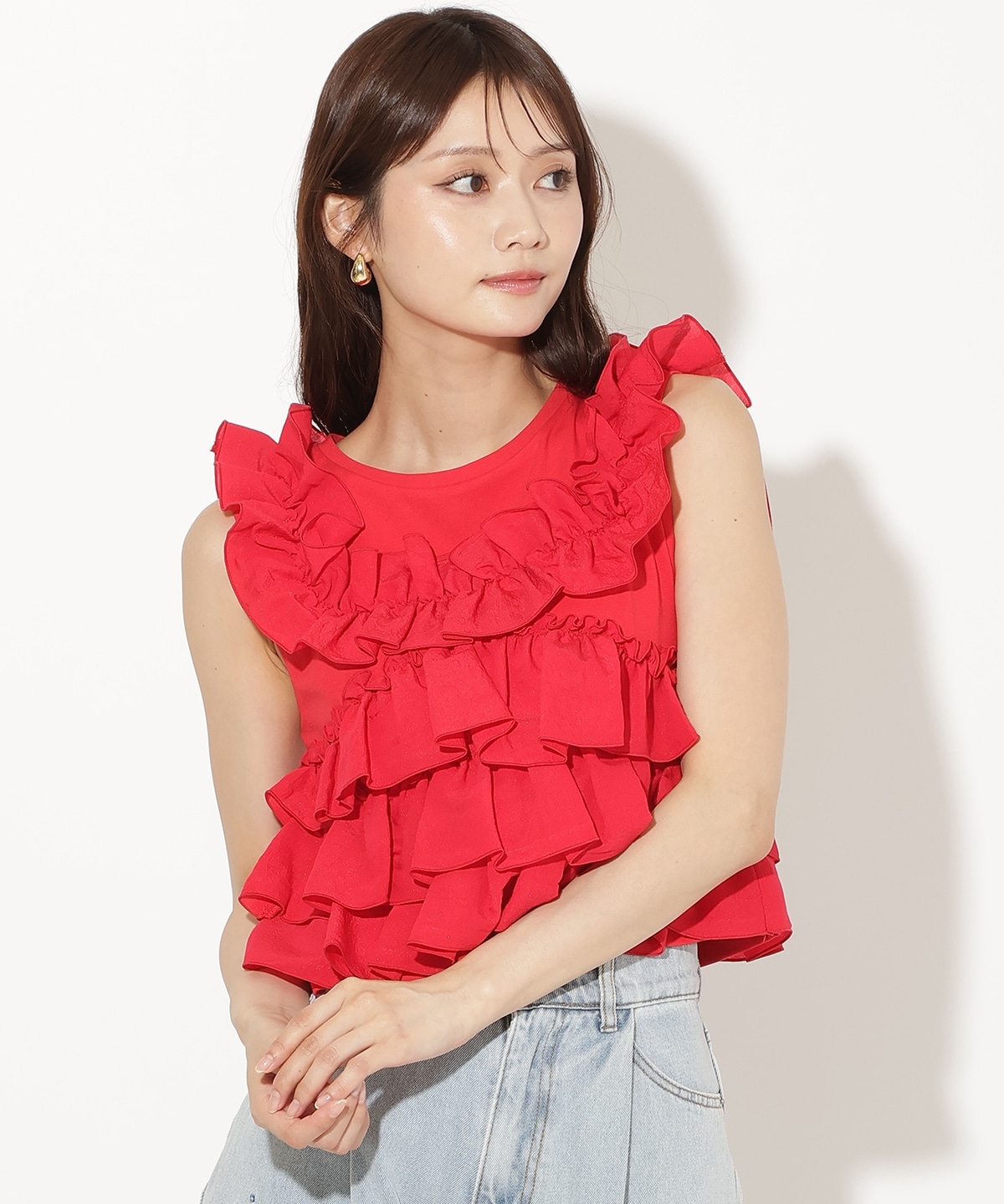 ティアードフリルコンビノースリーブTシャツ