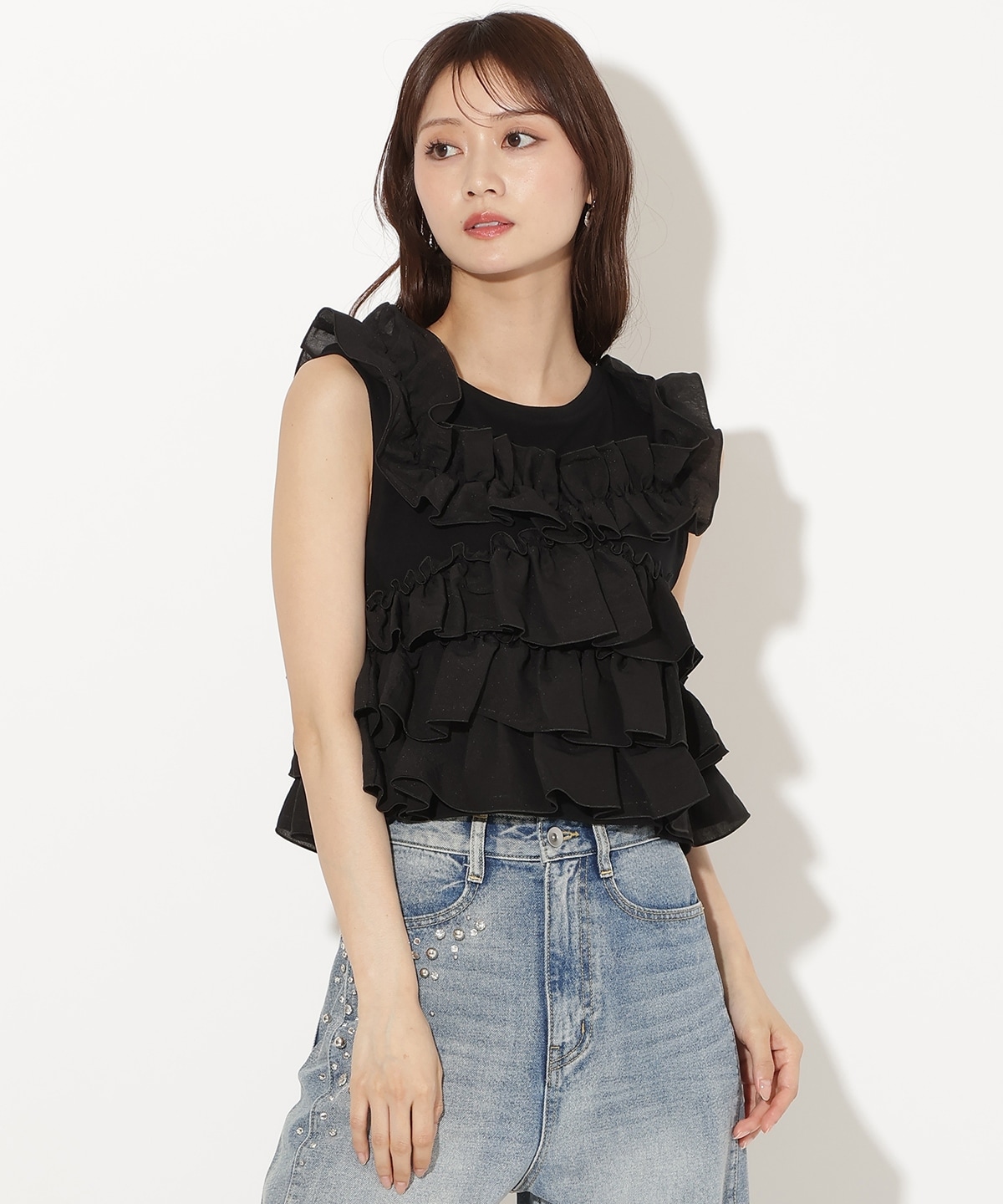 ティアードフリルコンビノースリーブTシャツ