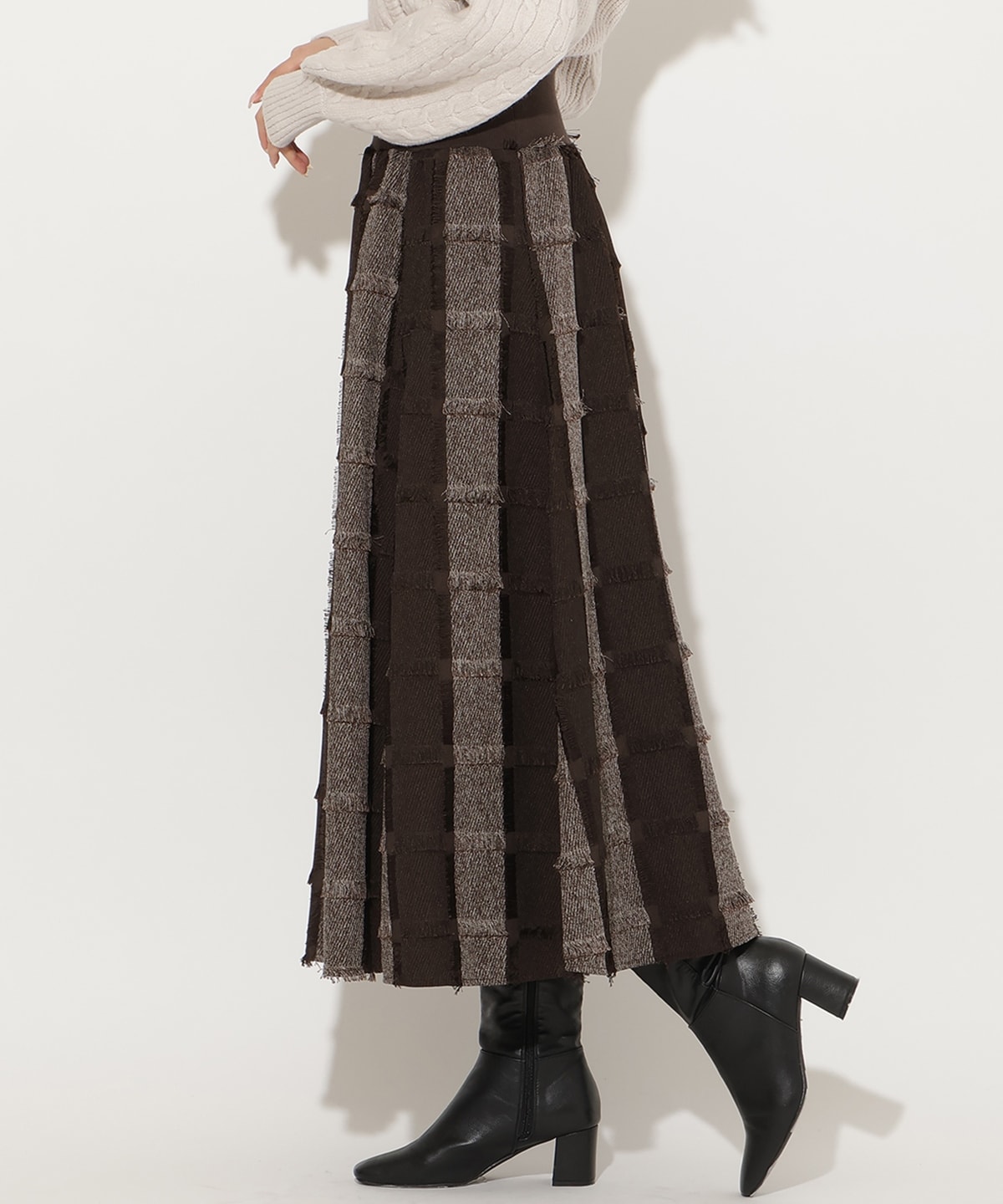 フリンジチェックジャガードロングスカート