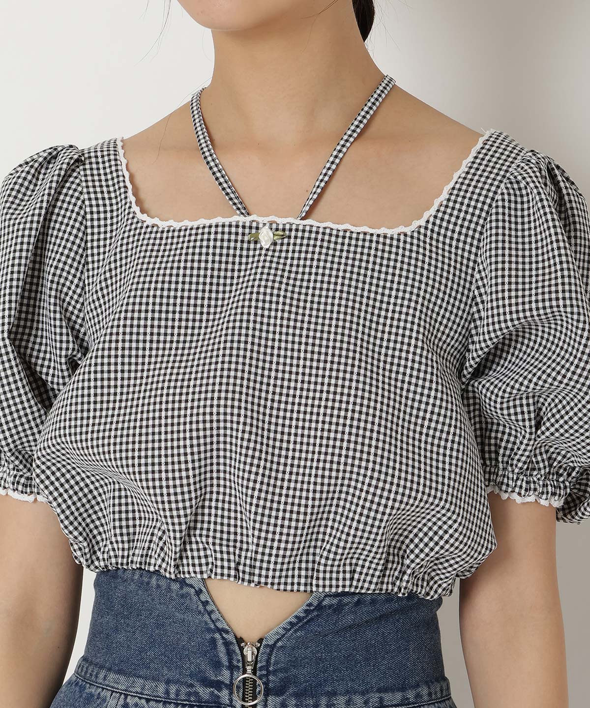 ギンガムチェックパフスリーブブラウス