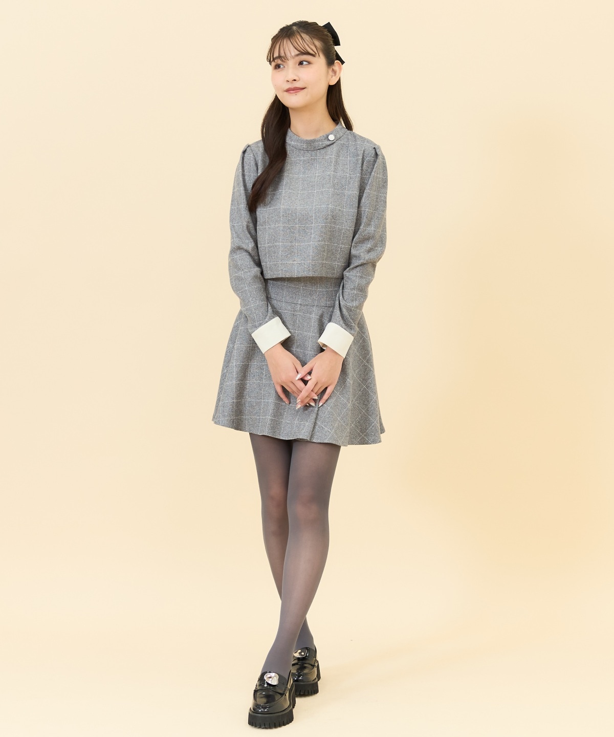 【セットアップ可能】バイカラーチェックスタンドトップス