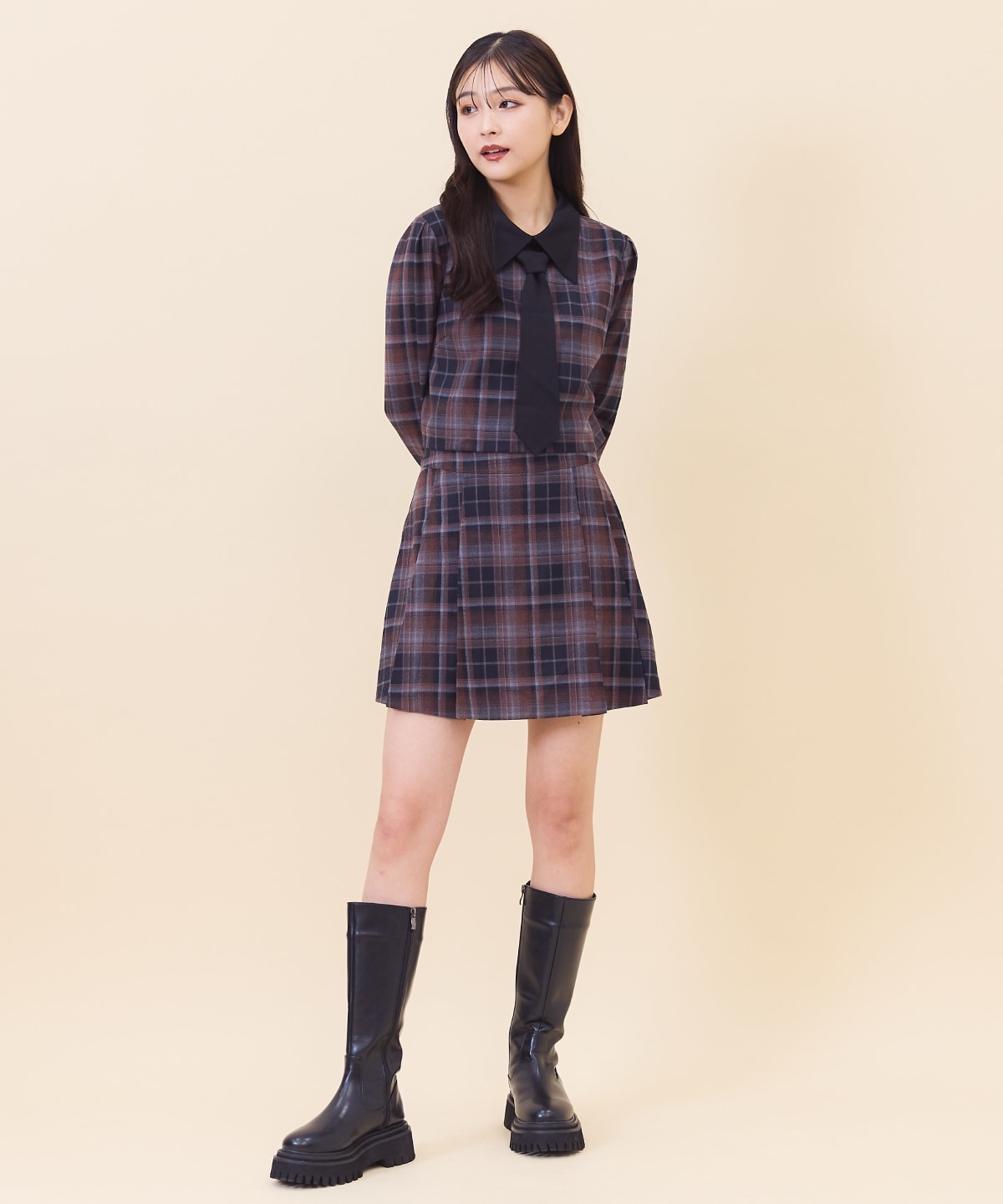 【セットアップ可能】ネクタイチェックトップス