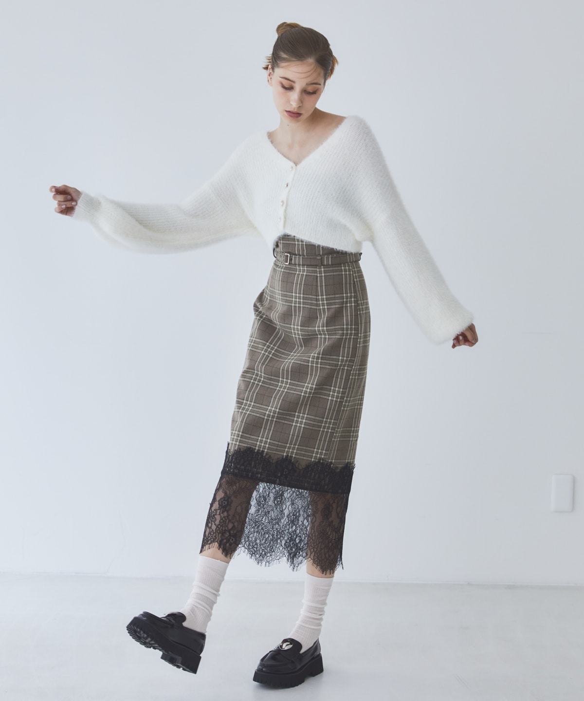 チェック×レースタイトスカート