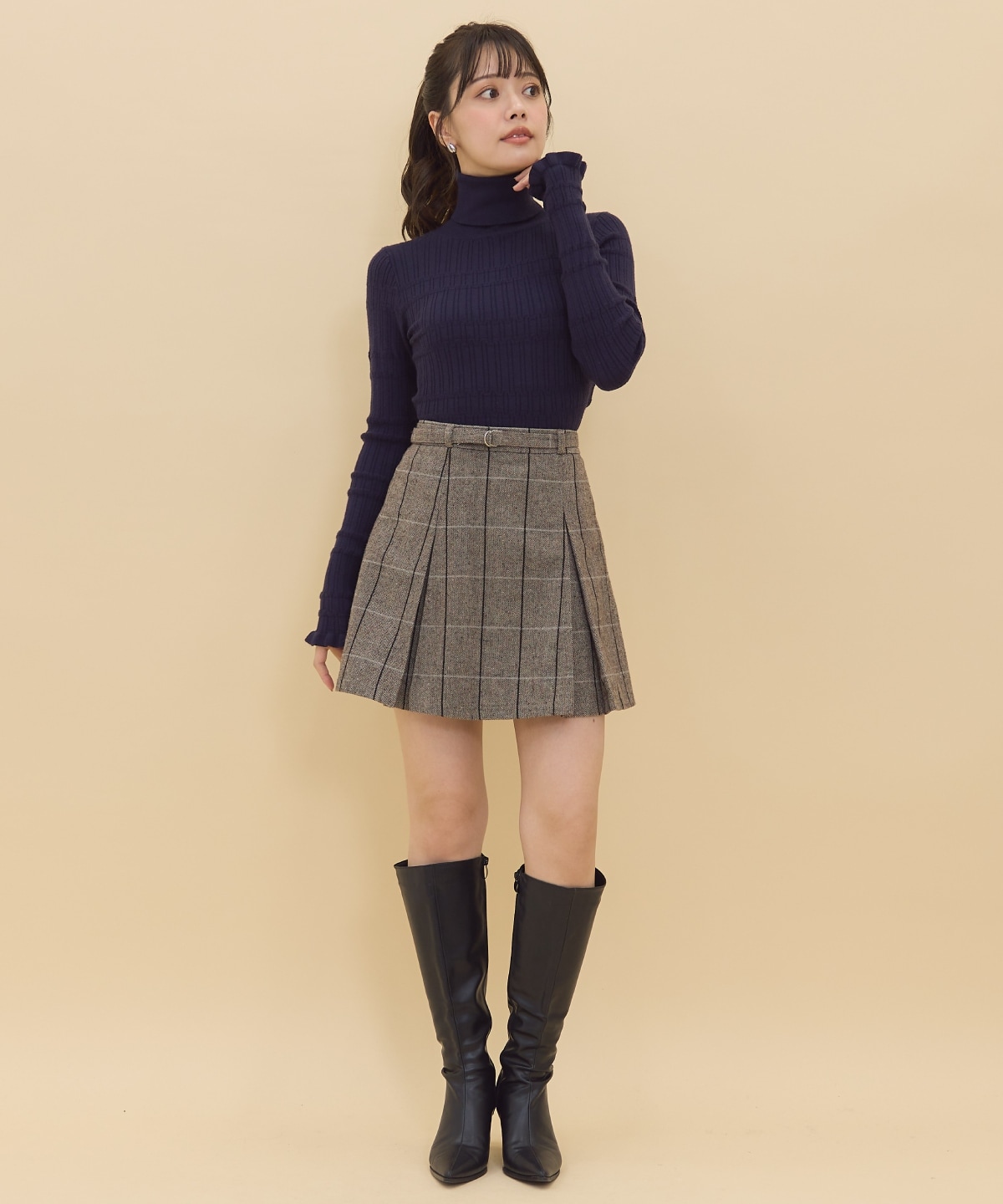 【セットアップ可能】ヘリンボーンチェックタックミニスカート