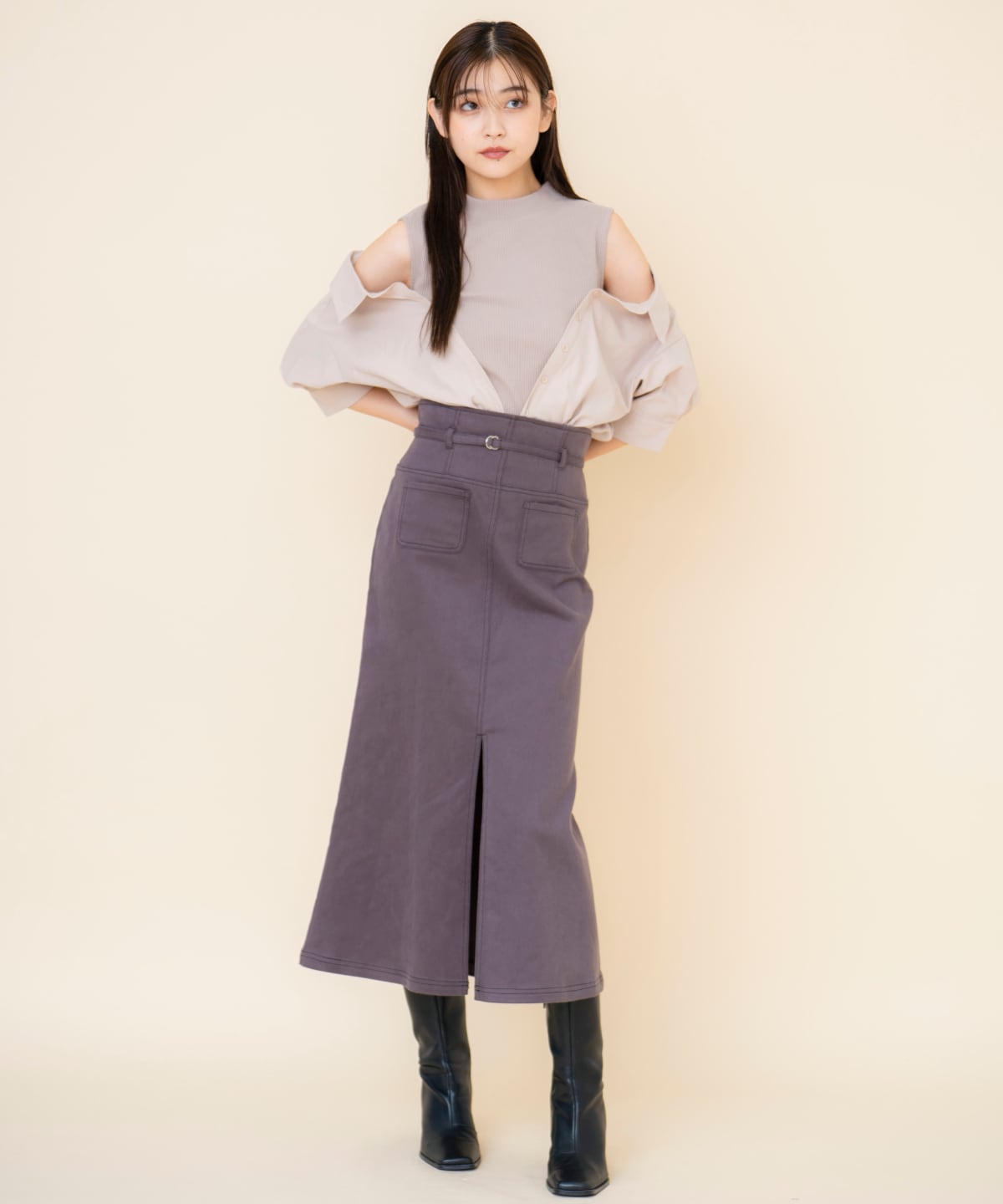 配色ステッチＡラインスカート