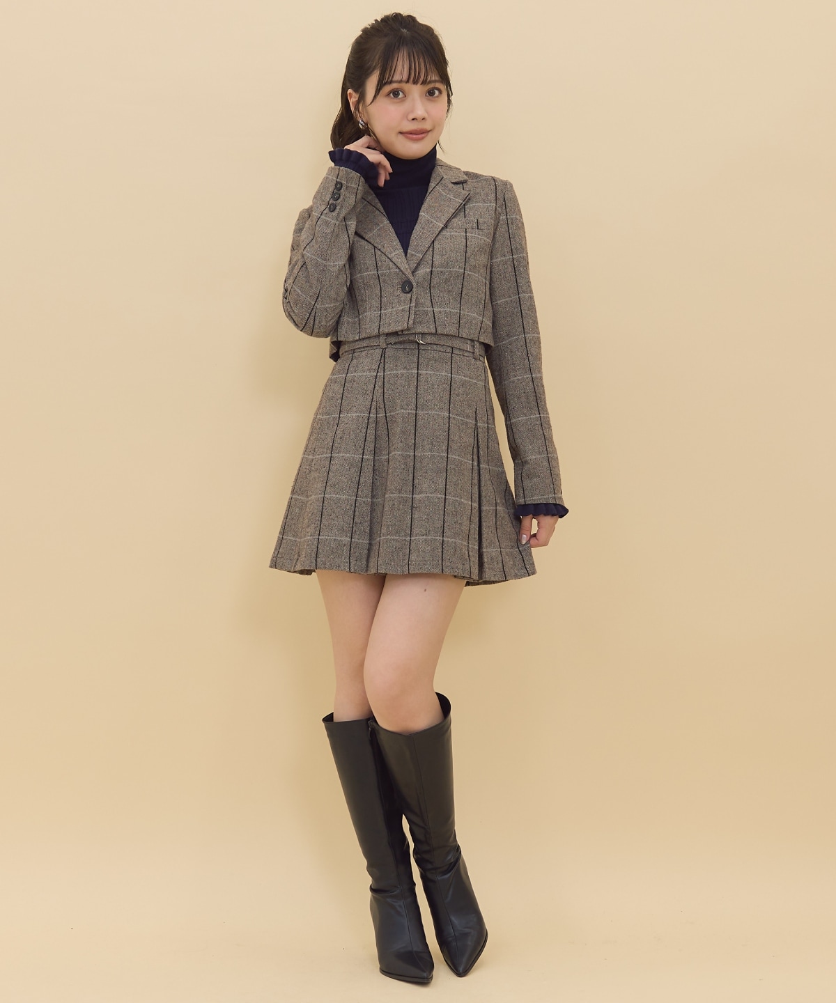 【セットアップ可能】ヘリンボーンチェックテーラーショートジャケット