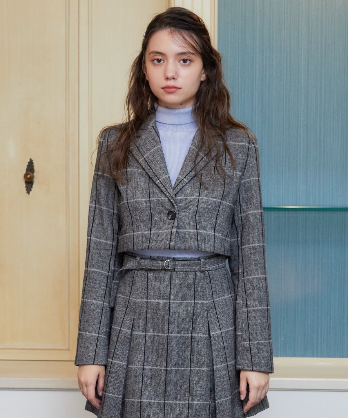 【セットアップ可能】ヘリンボーンチェックテーラーショートジャケット