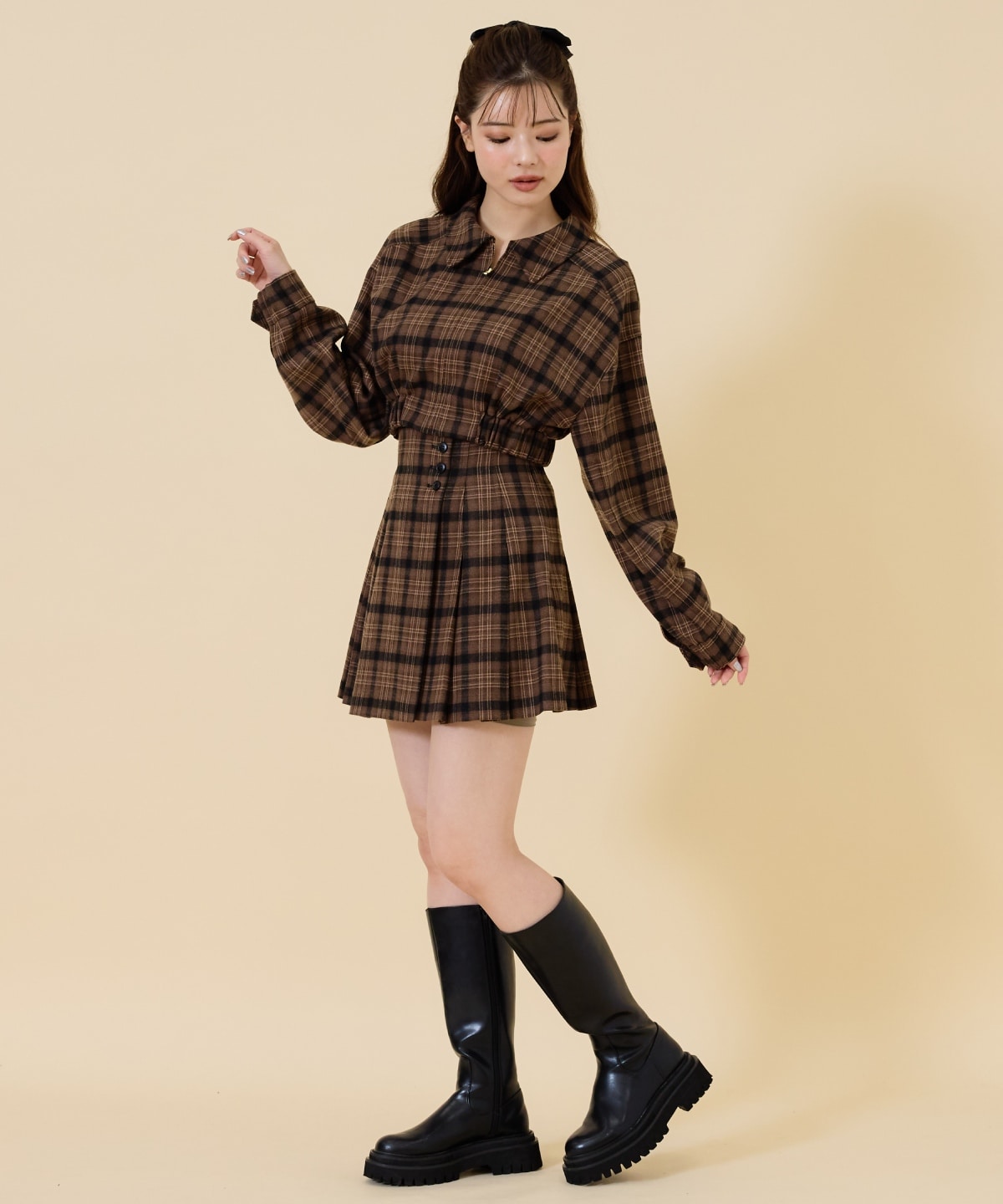 【セットアップ可能】フロントジップチェックショートブルゾン