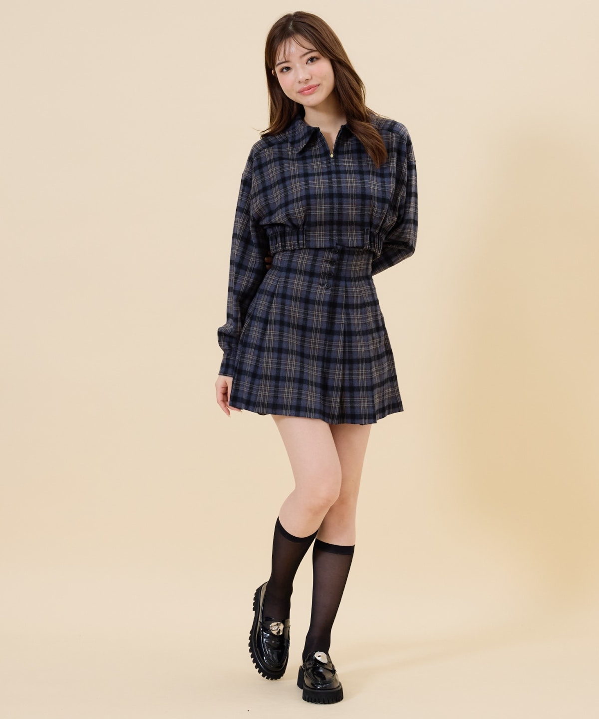 【セットアップ可能】フロントジップチェックショートブルゾン