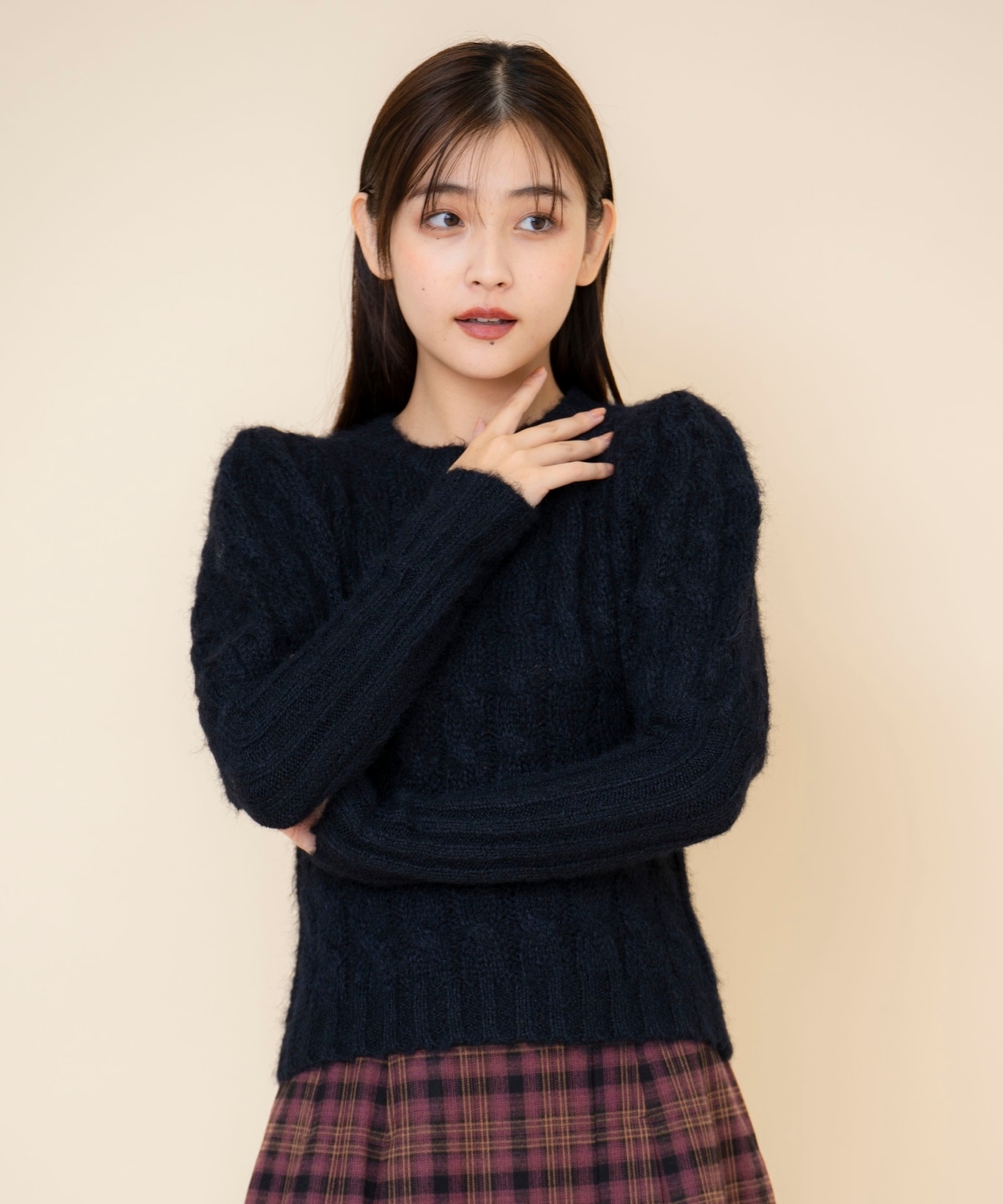 ケーブルパフスリーブニットトップス