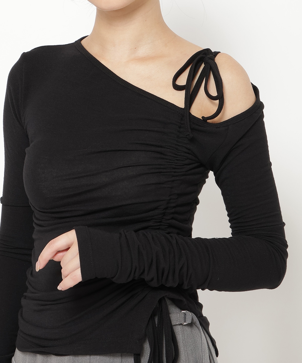 シャーリングリボンアシメトップス