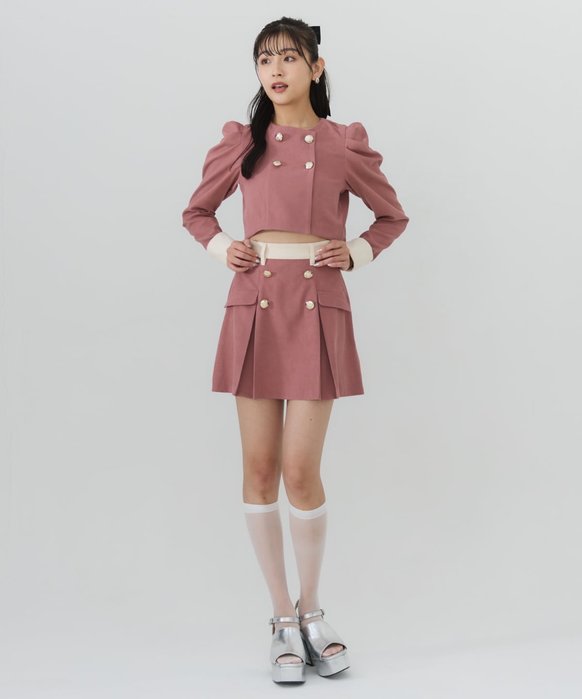 【セットアップ可能】ダブルボタンバイカラーミニスカート