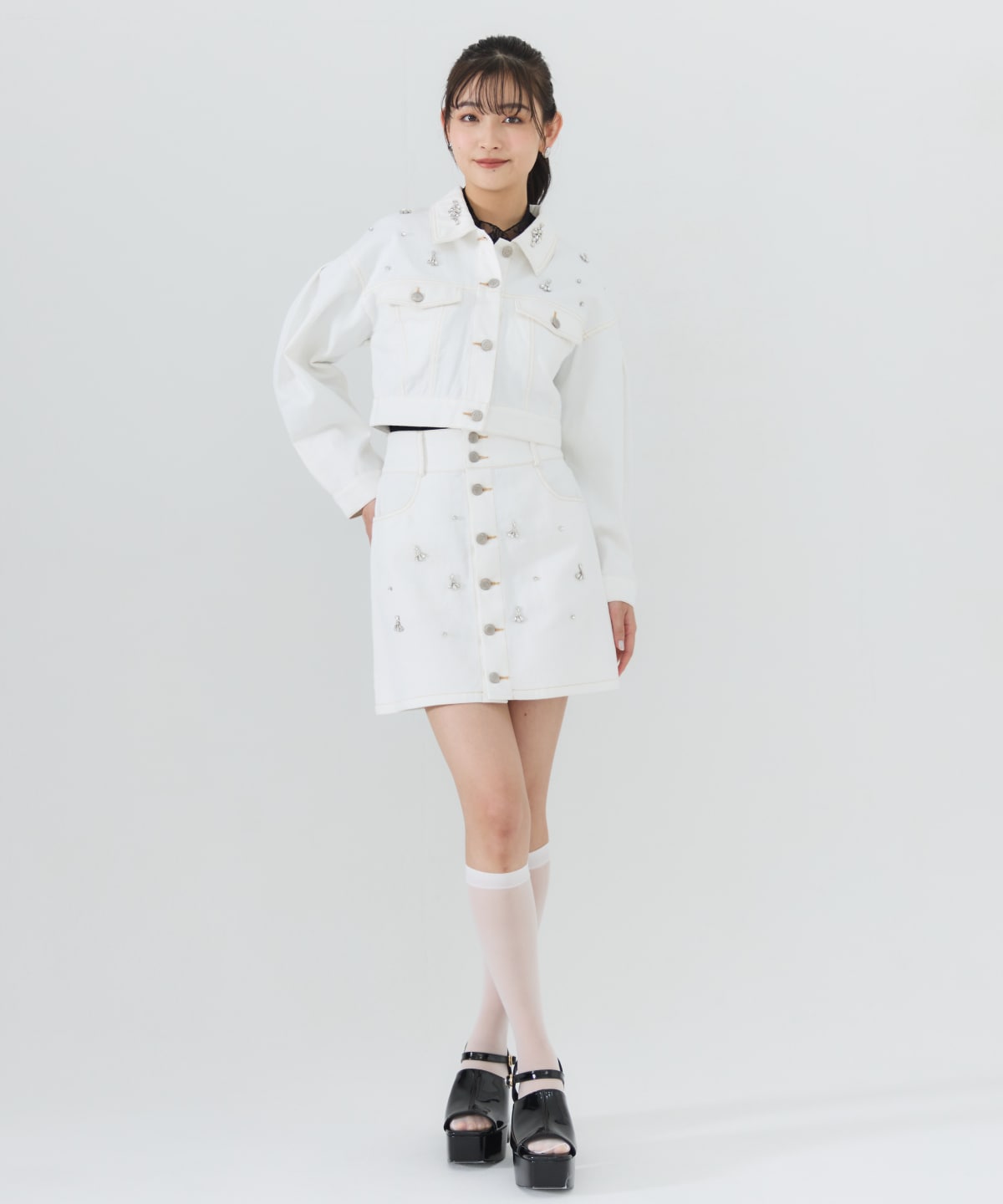 【セットアップ可能】ビジューデニムミニスカート