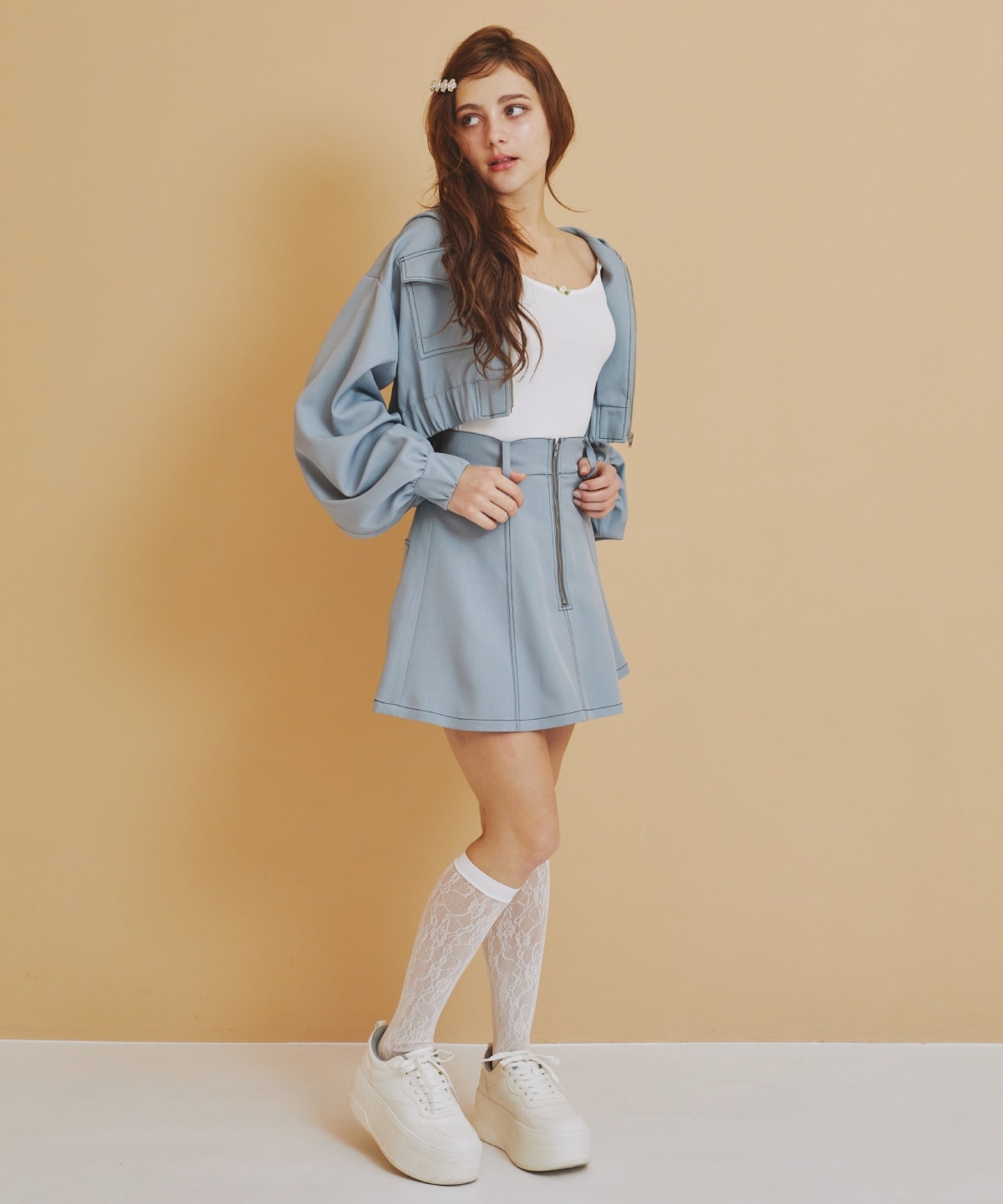 【セットアップ可能】バイカラーステッチフレアミニスカート