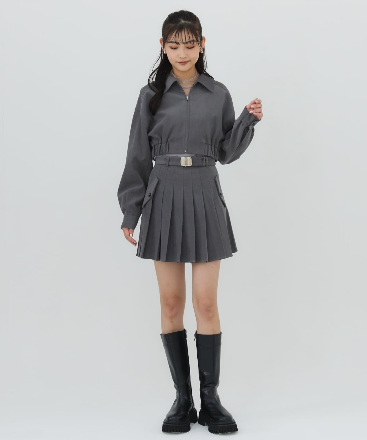 【セットアップ可能】ベルテッドプリーツミニスカート