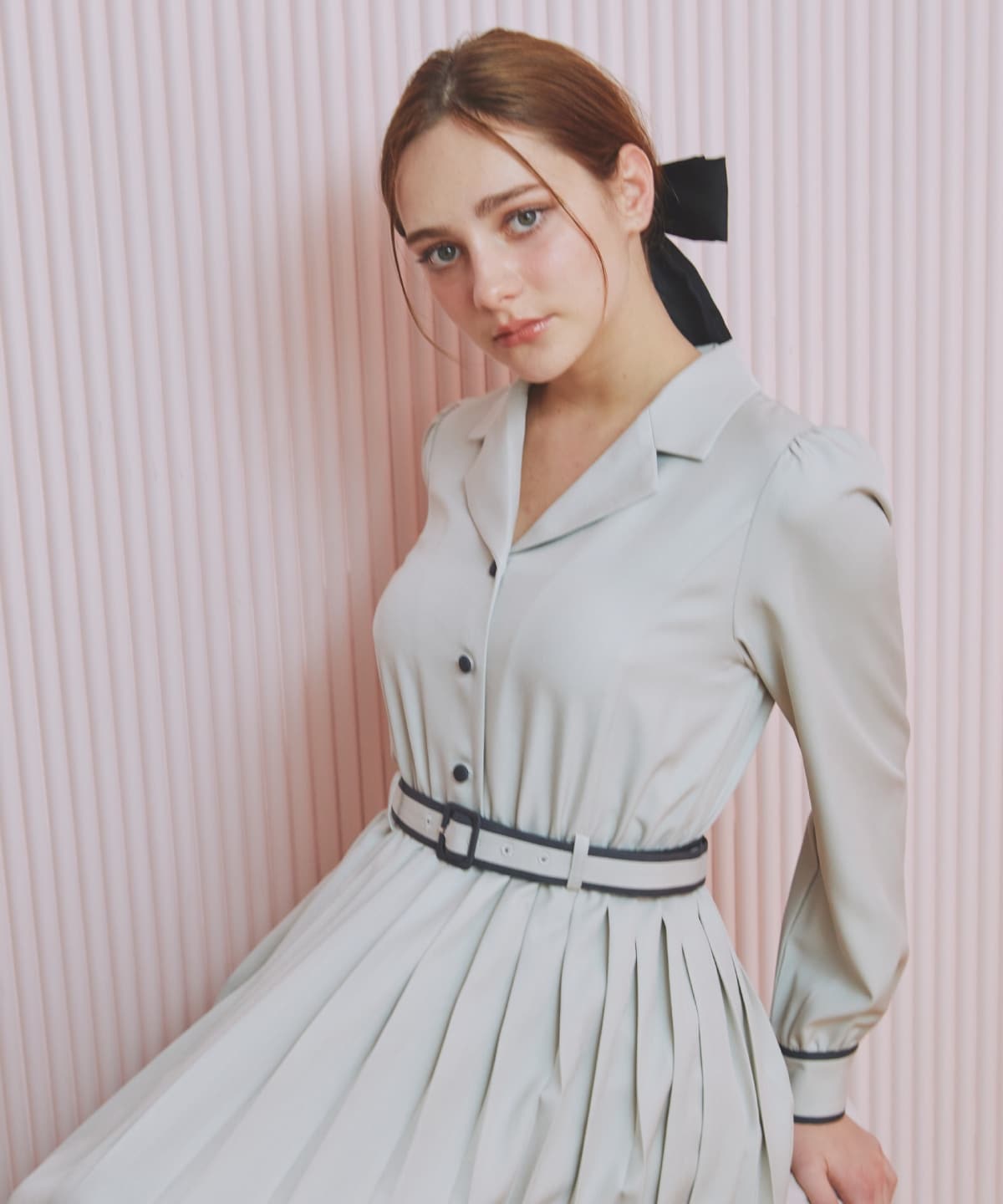 バイカラープリーツシャツワンピース