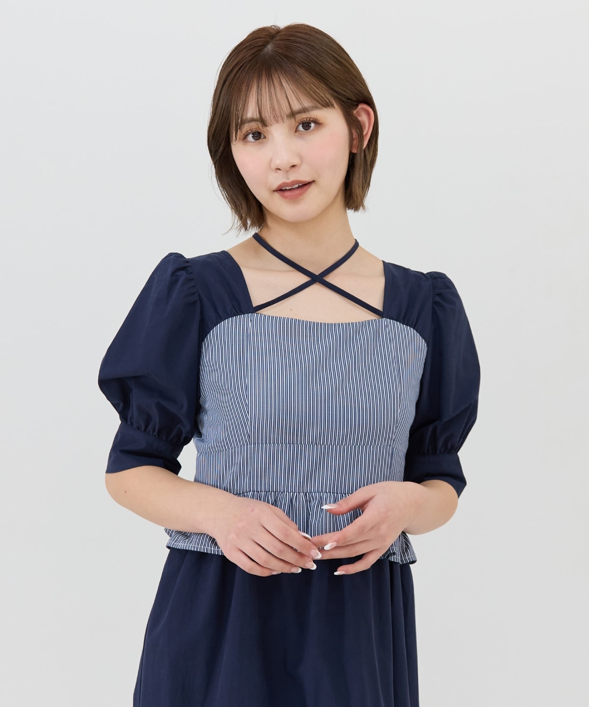 ストライプビスチェドッキングワンピース