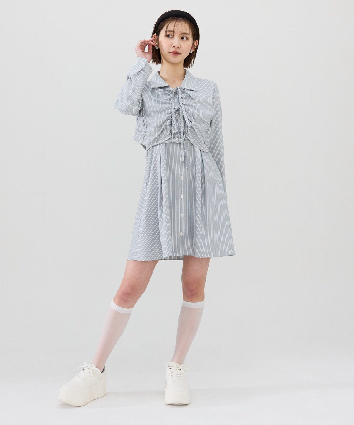 フロントシャーリングシャツ＆ストライプミニワンピースセット