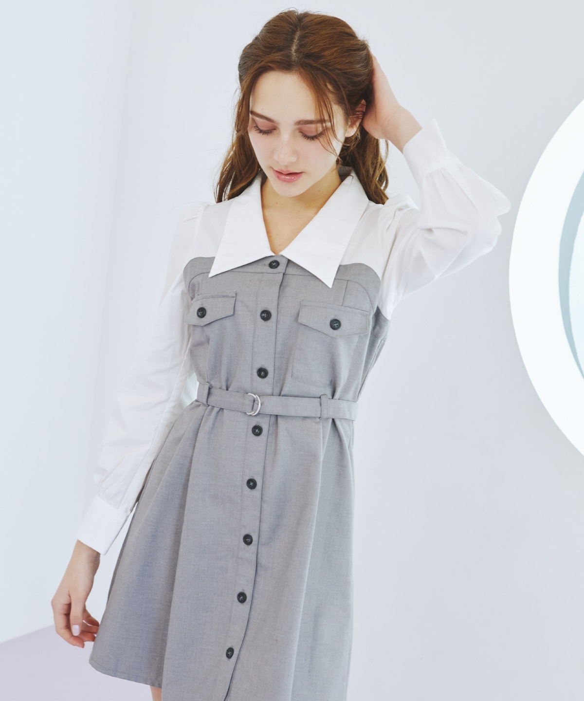 レイヤードデザインミニシャツワンピース