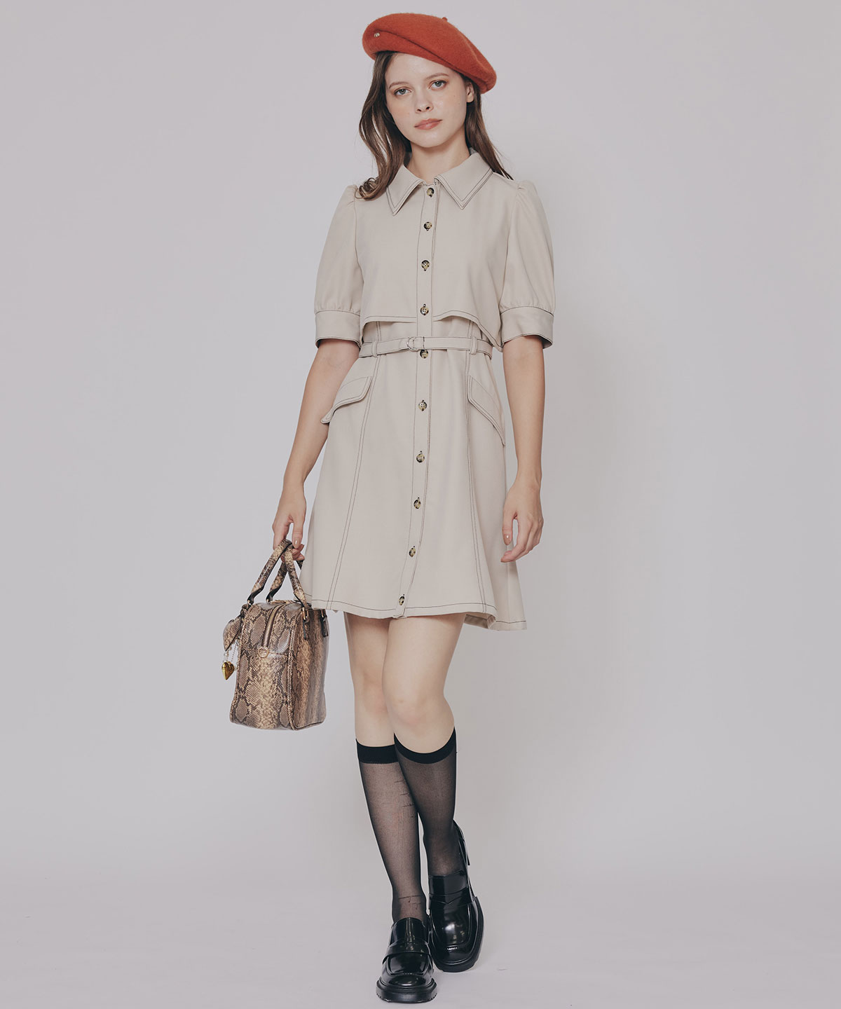 レイヤードデザインバイカラーステッチミニシャツワンピース