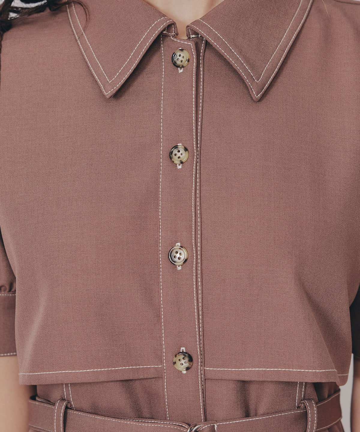 レイヤードデザインバイカラーステッチミニシャツワンピース