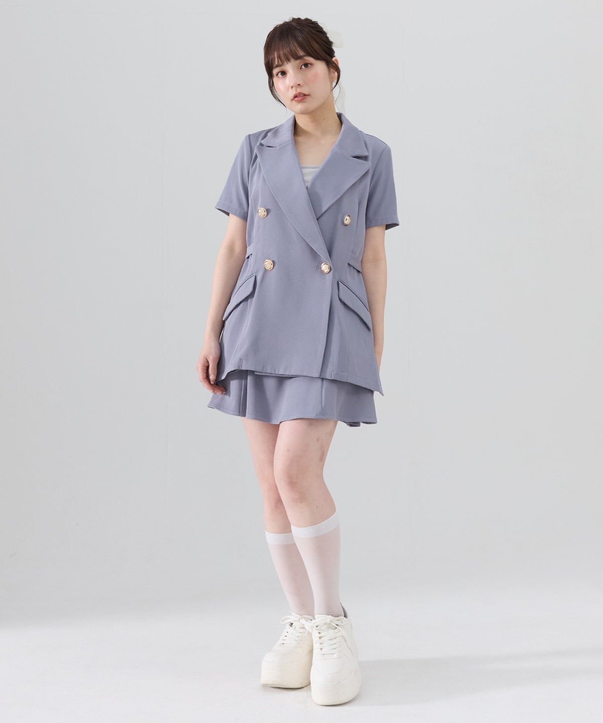 【セットアップ可能】サイドベルト半袖ダブルジャケット