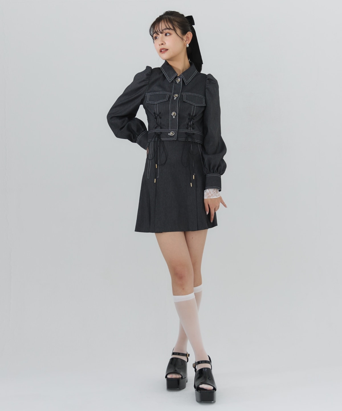 【セットアップ可能】デニムライクレースアップショートジャケット