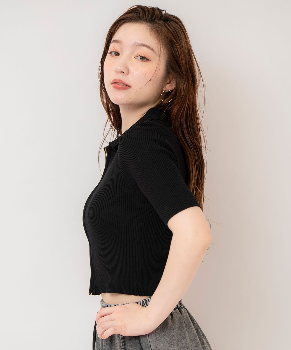 ZIPリブニットトップス