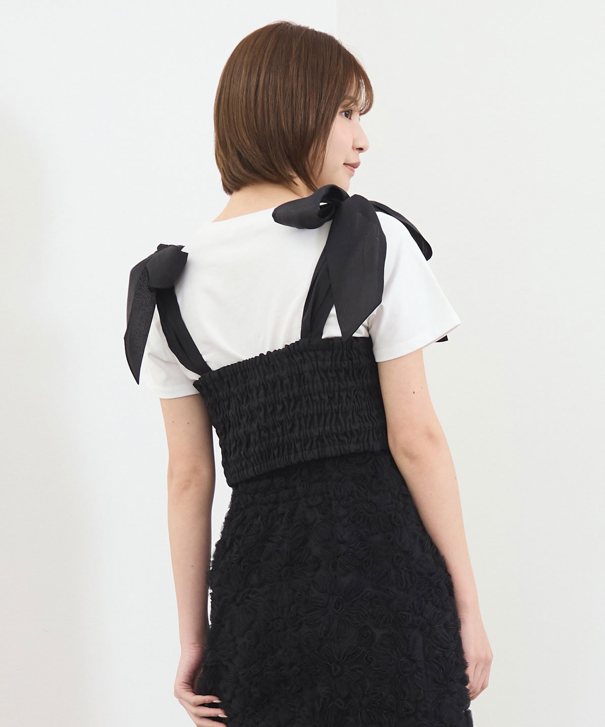 【セットアップ可能】3Dフラワーレースショルダーリボンビスチェ