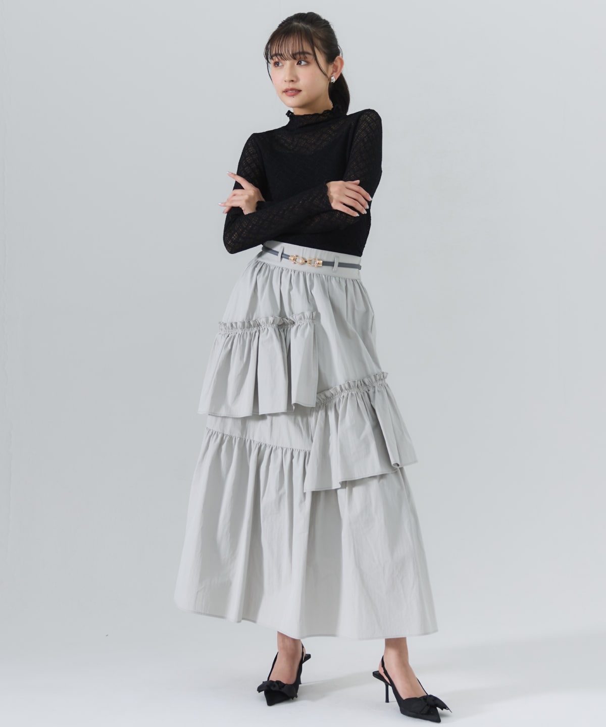 チェックレースハイネックトップス