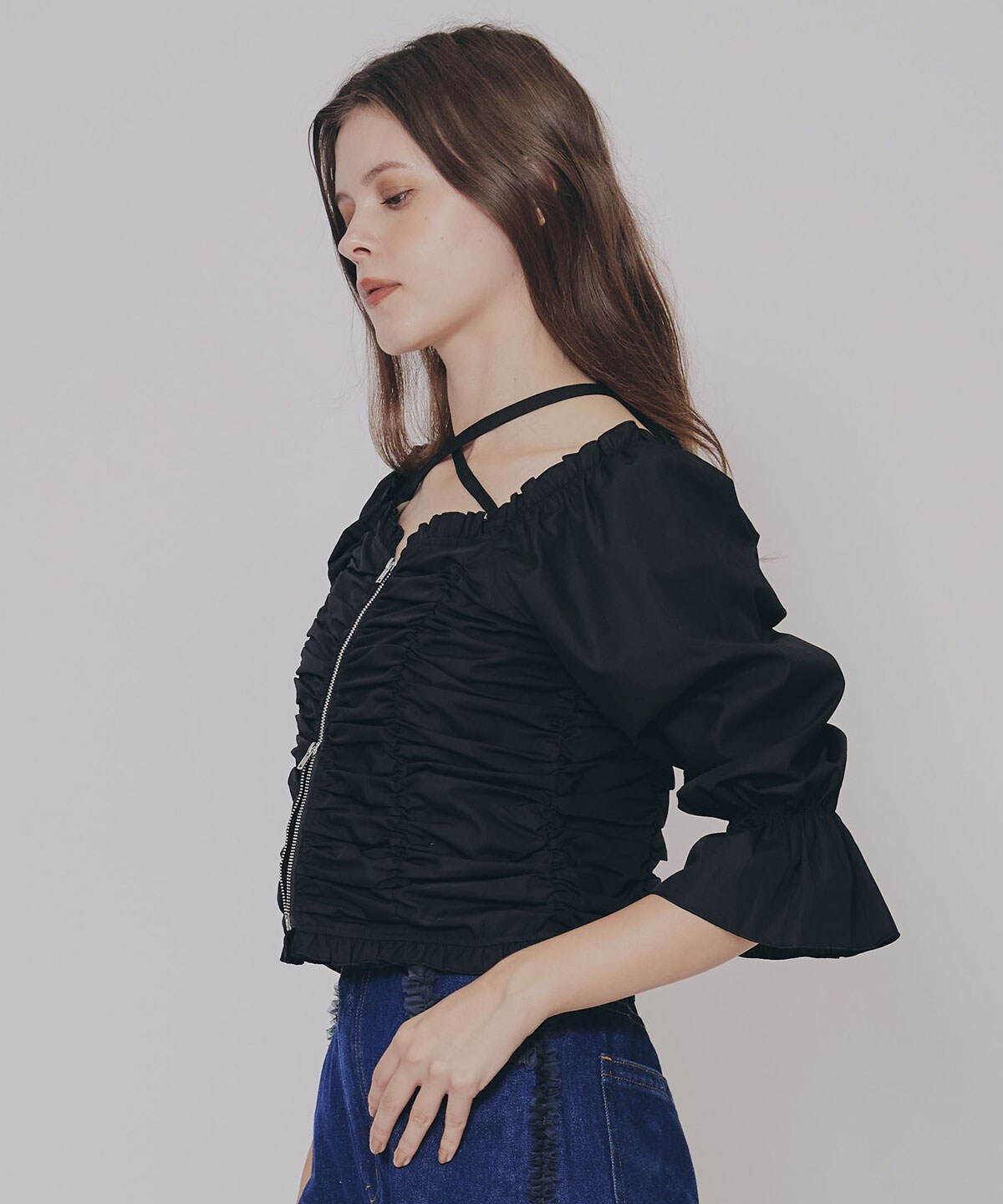 フロントZIPクロスギャザーブラウス