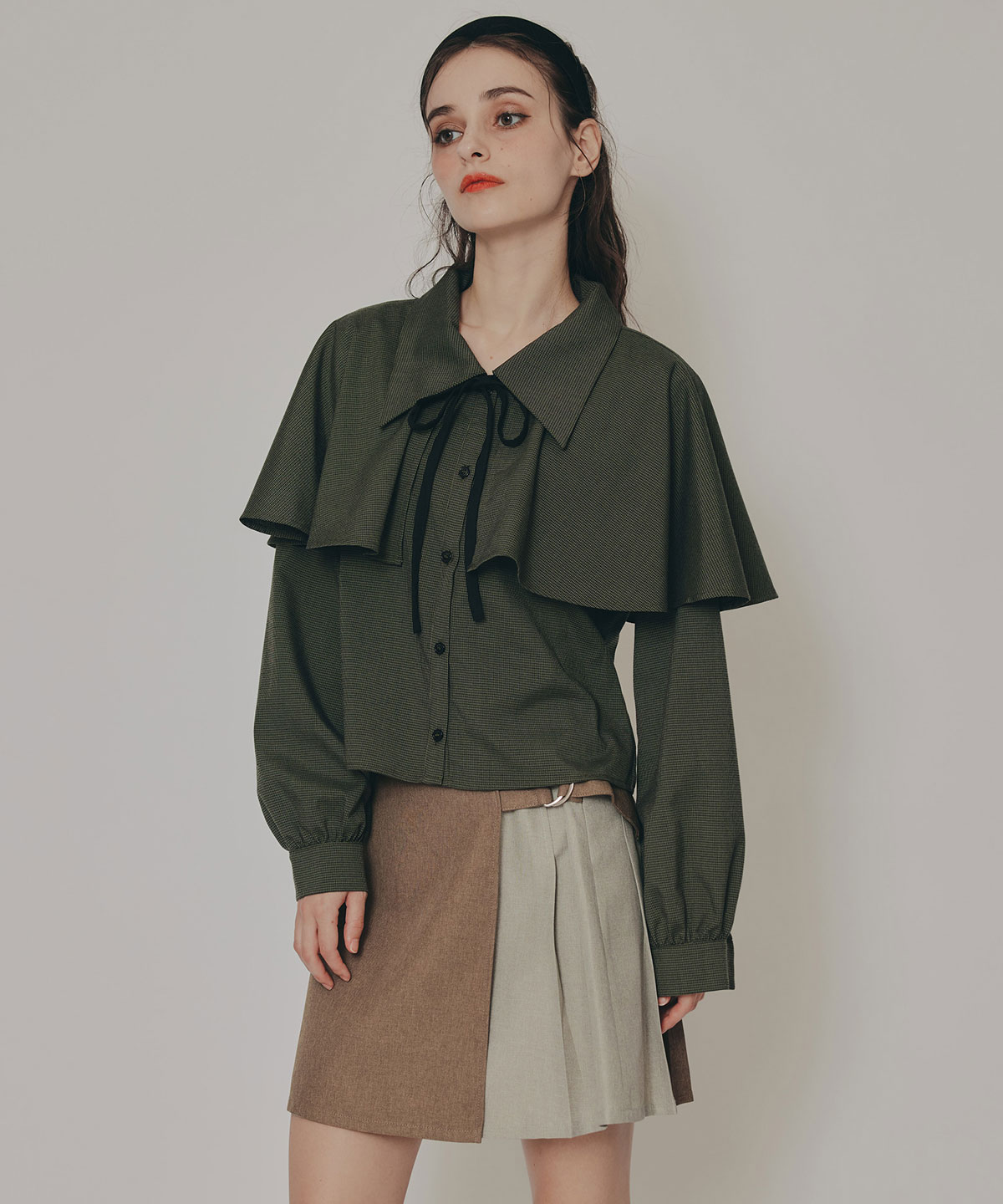 ケープライクグレンチェックリボンタイブラウス