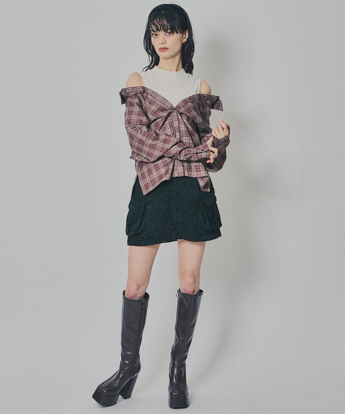 マルチウェイオフショルチェックシャツ×タンクトップ