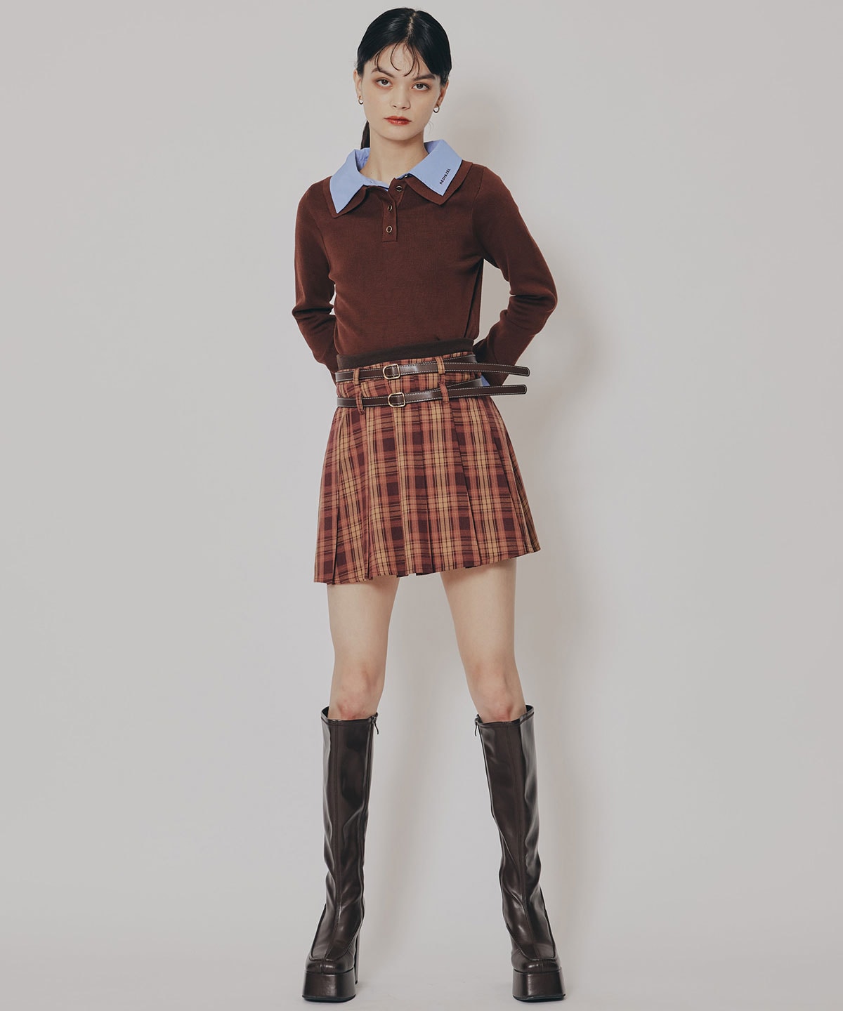 ダブルベルトチェックプリーツミニスカート